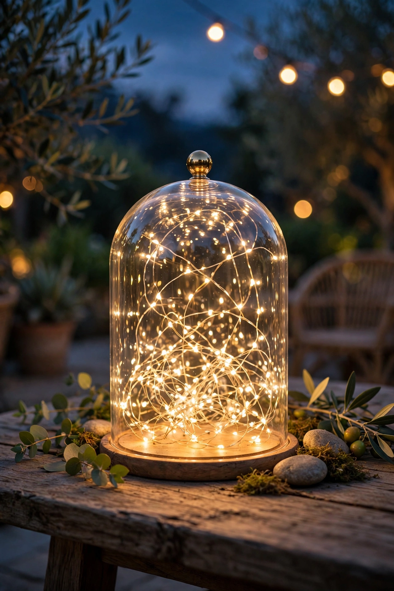 Warm fairy lights glowing under a glass cloche on a patio table