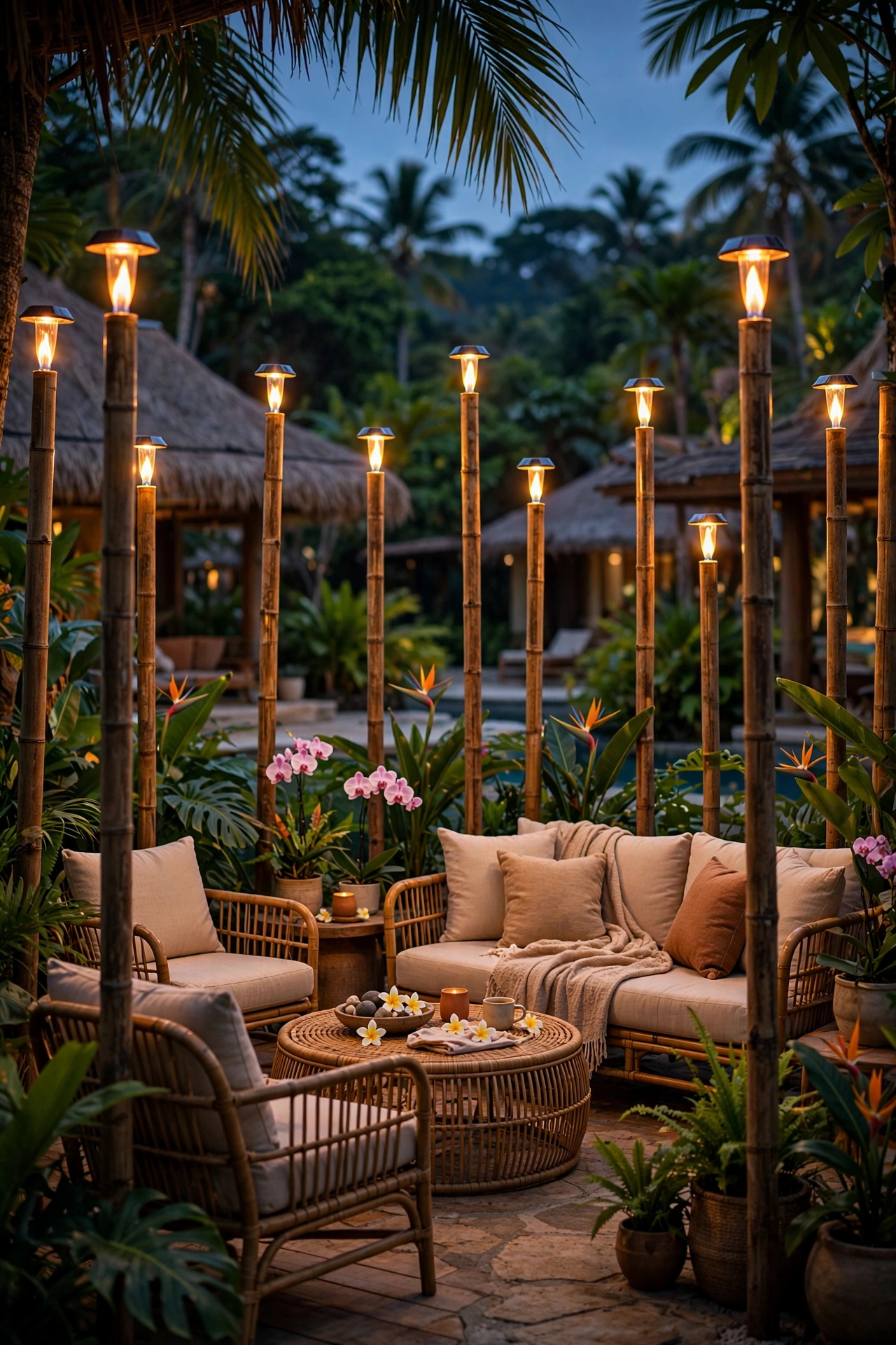 Bamboo stakes topped with flickering solar flame lights around seating