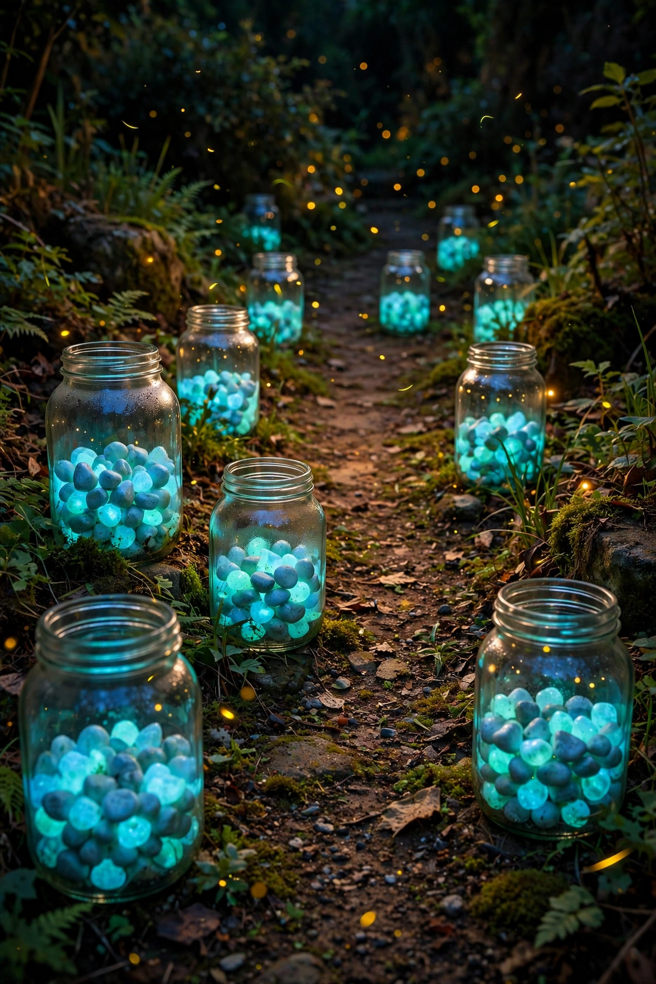 Glow-in-the-dark pebbles in jars lighting a garden path at night