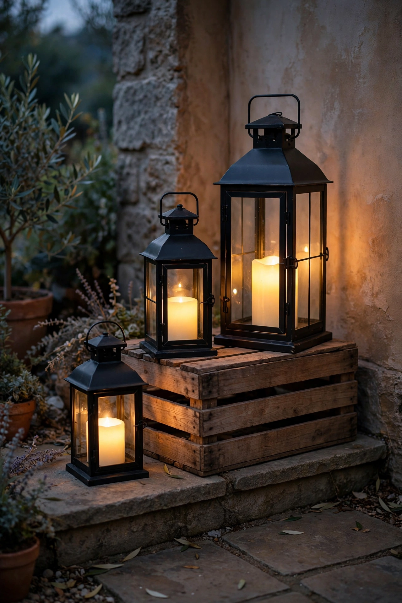 Cluster of black metal lanterns at staggered heights in a patio corner