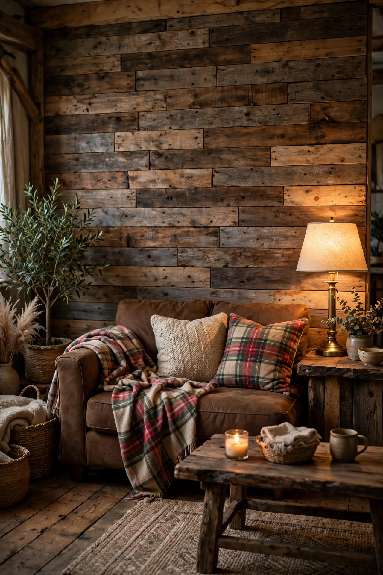 Budget rustic living room idea: pallet wood plank accent wall behind a sofa