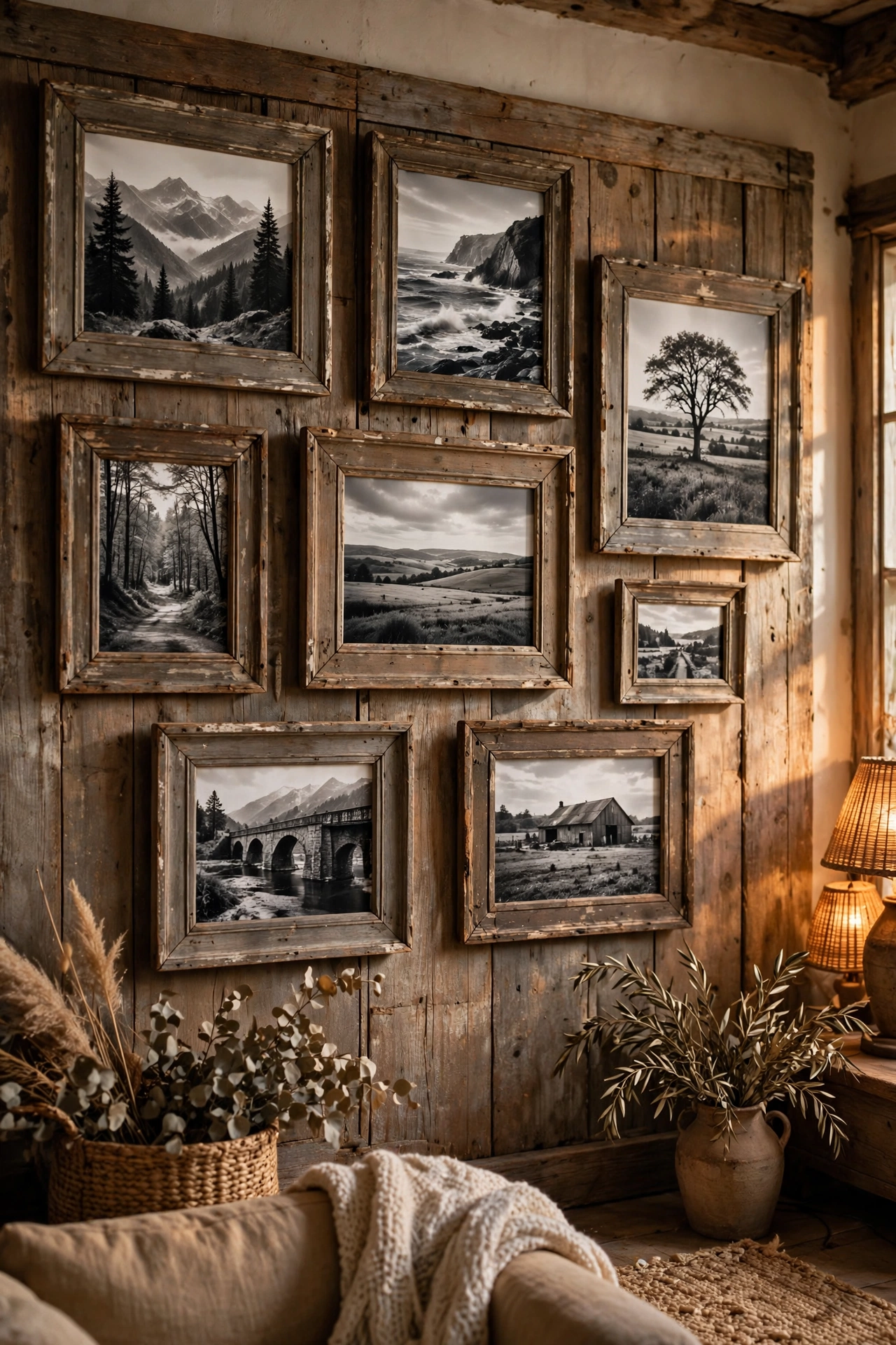 Distressed rustic picture frames with dark wax finish on a living room wall