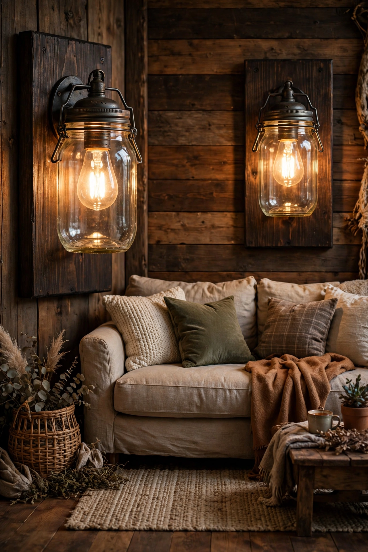 DIY mason jar sconce lights on wood plaques in a rustic living room