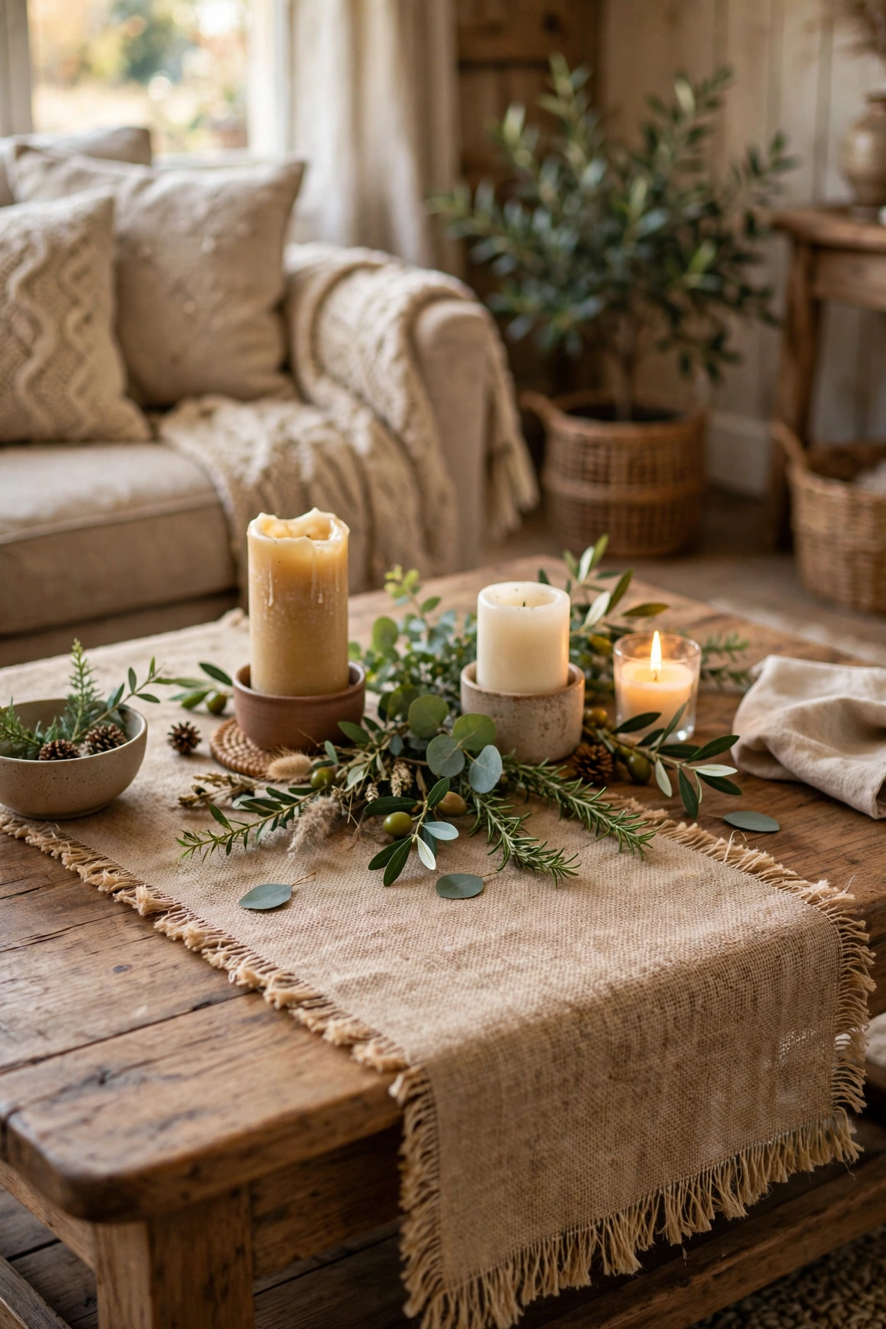 Burlap table runner on a wooden coffee table in a rustic living room