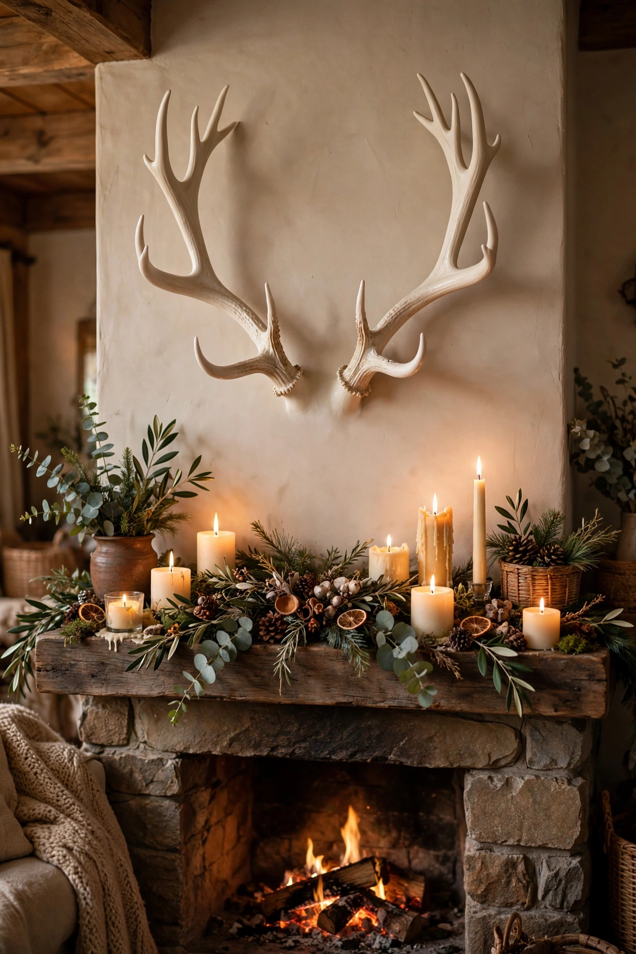 Resin antlers hung above a mantel as budget rustic wall decor