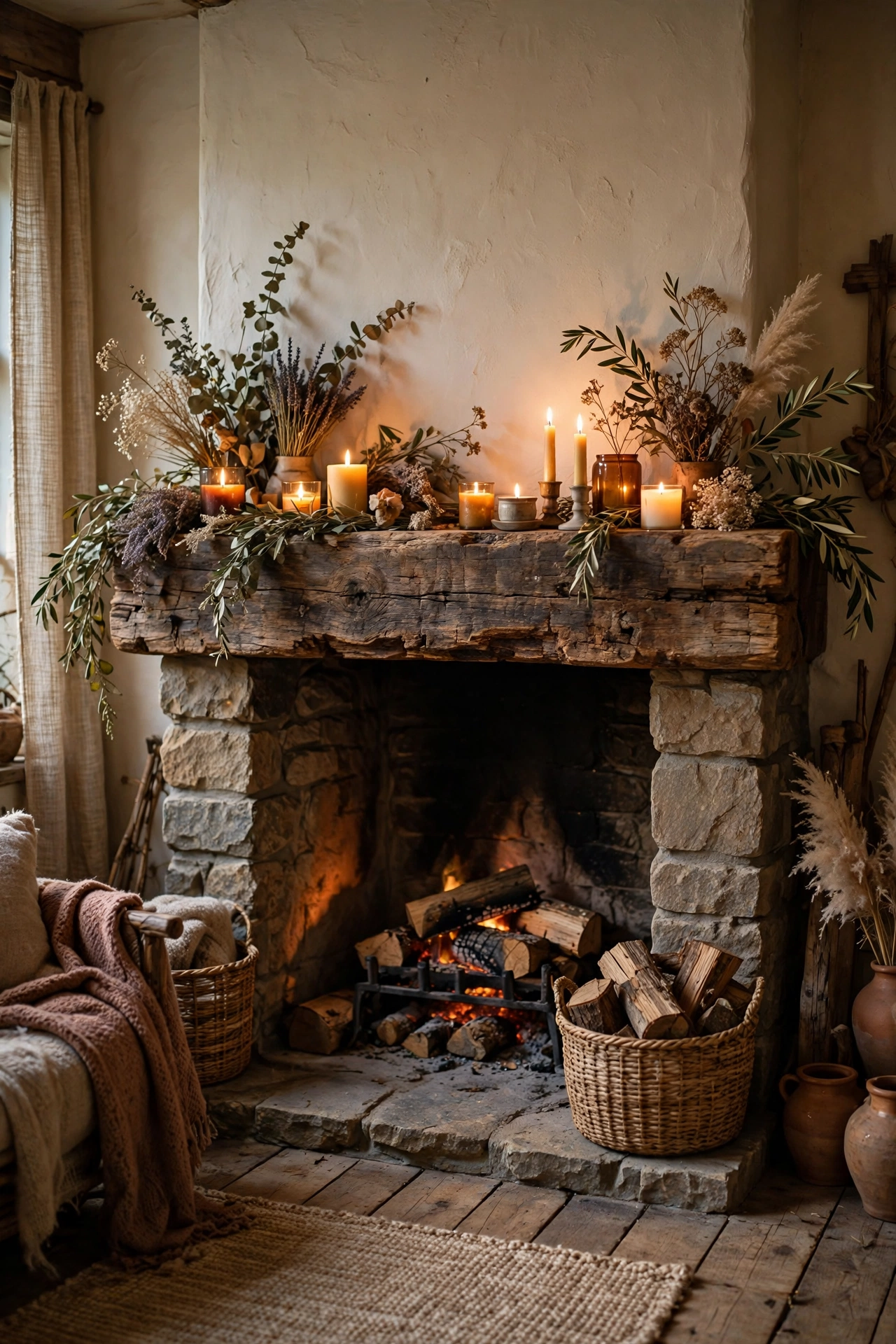 Chunky reclaimed wood beam mantel over a fireplace in a rustic living room
