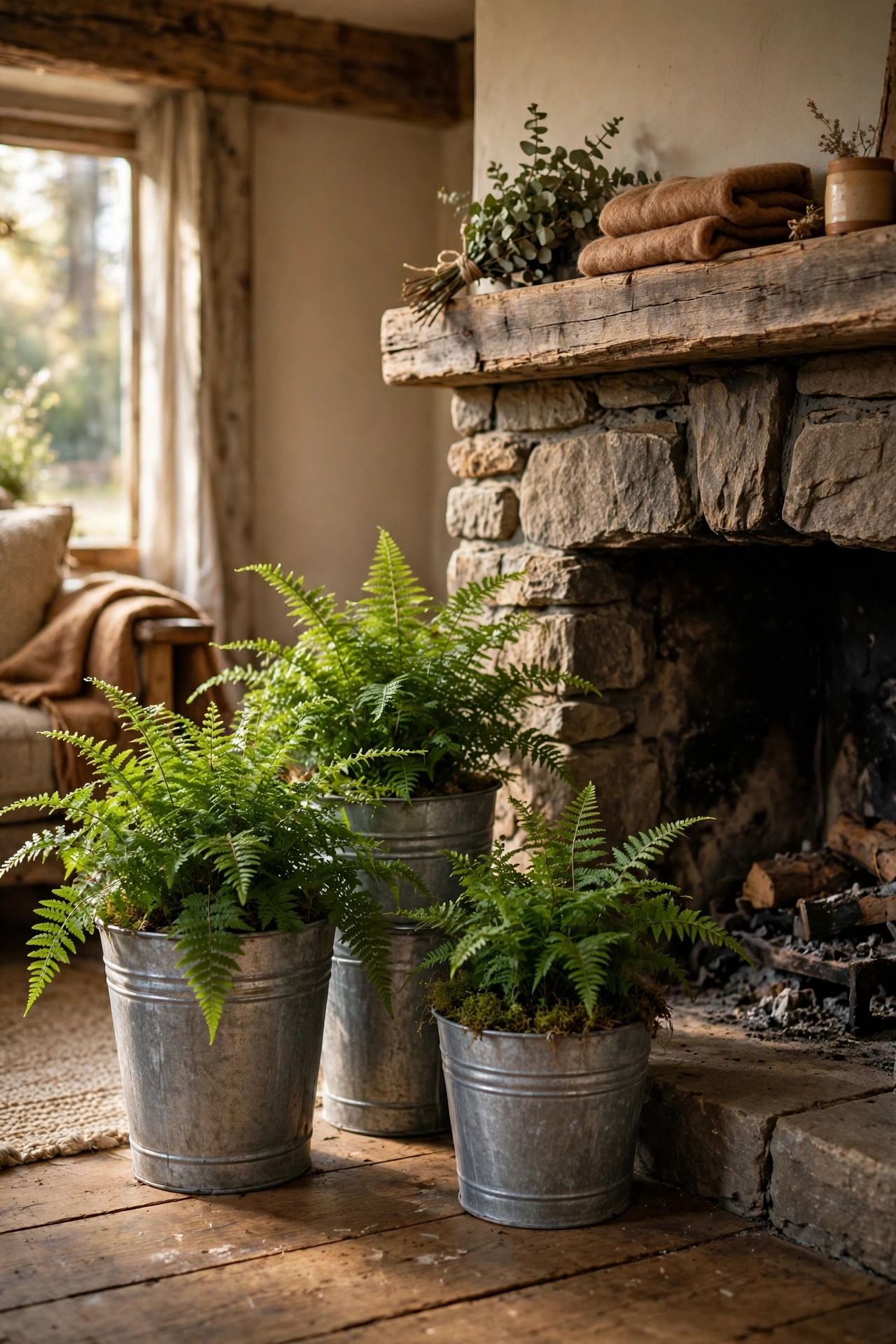 Galvanized metal bucket planters with ferns in a rustic living room