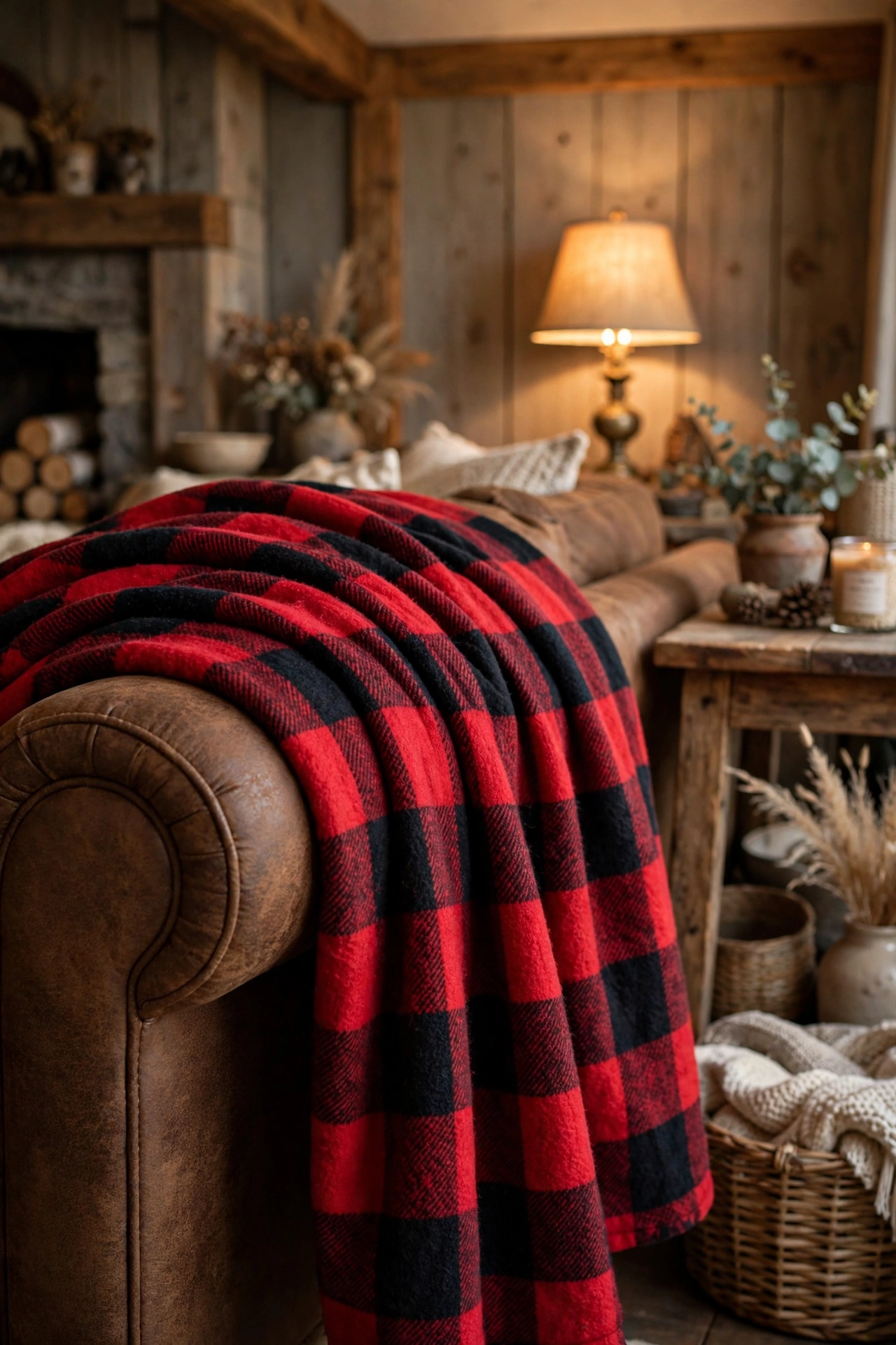 Red buffalo check plaid throw blanket draped on a sofa in a rustic living room
