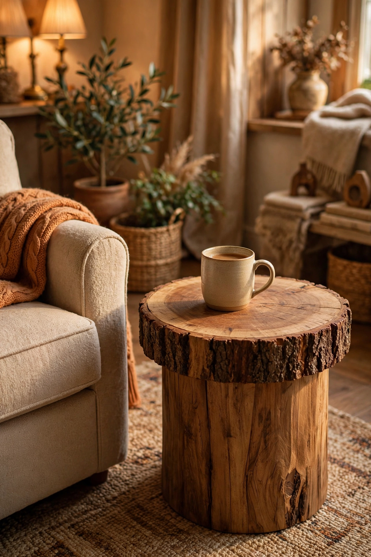 Rustic side table made from a wood slice on legs in a living room