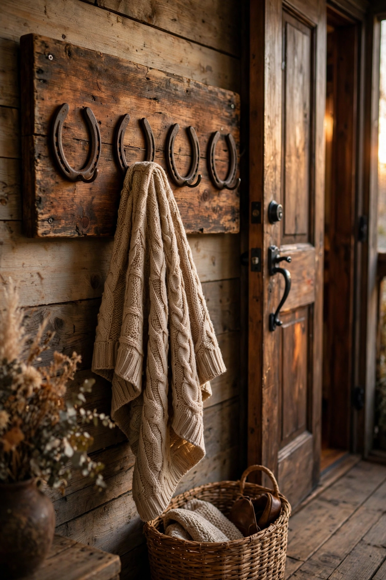 Real horseshoes mounted as hooks on a wood board in a rustic entryway