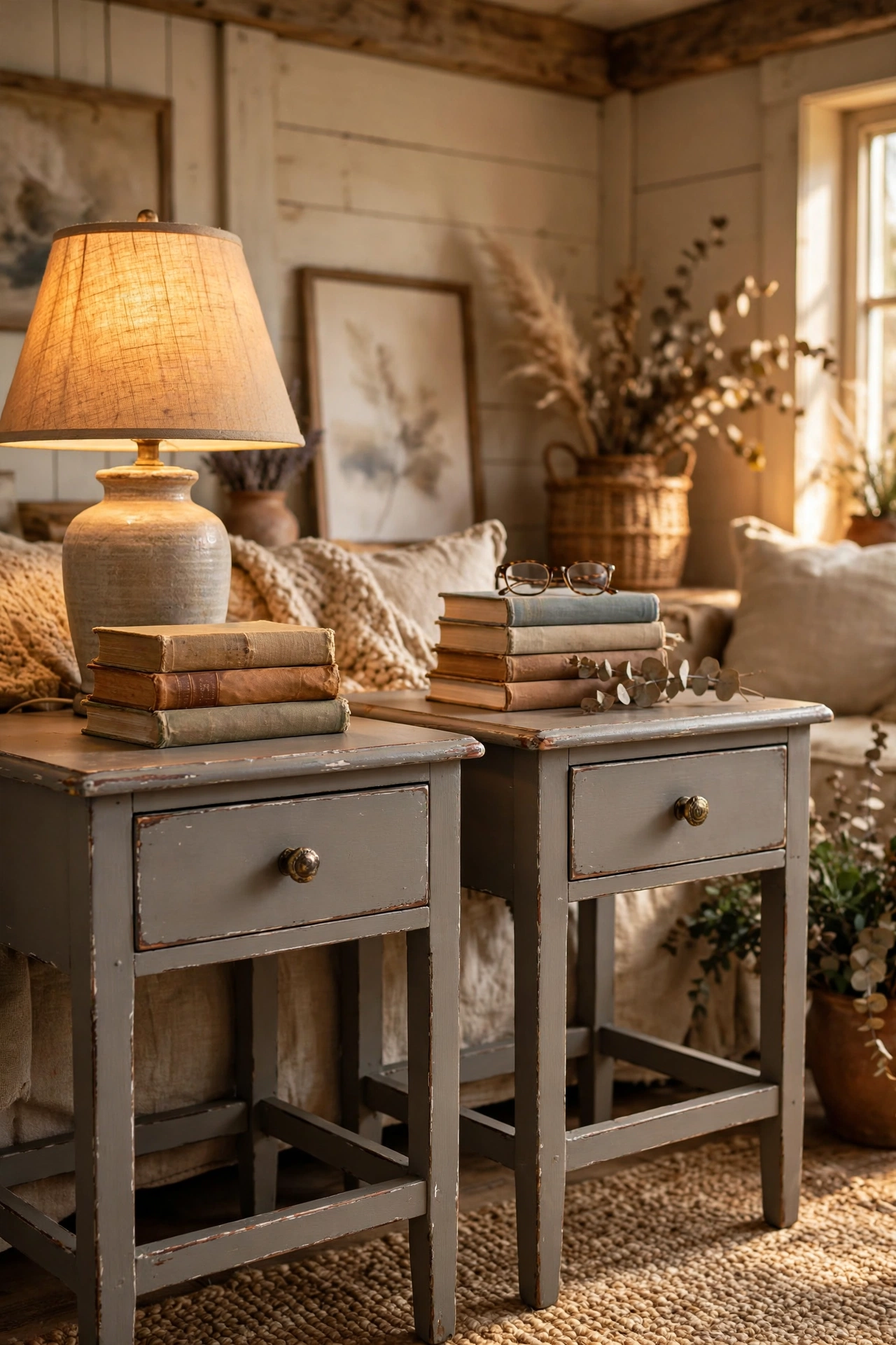 Thrifted end tables painted with chalk paint in warm gray in a rustic living room