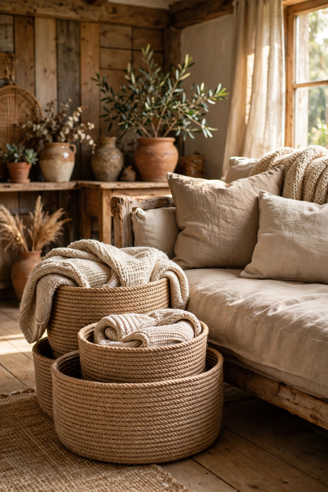Coiled rope baskets used for storage in a rustic living room