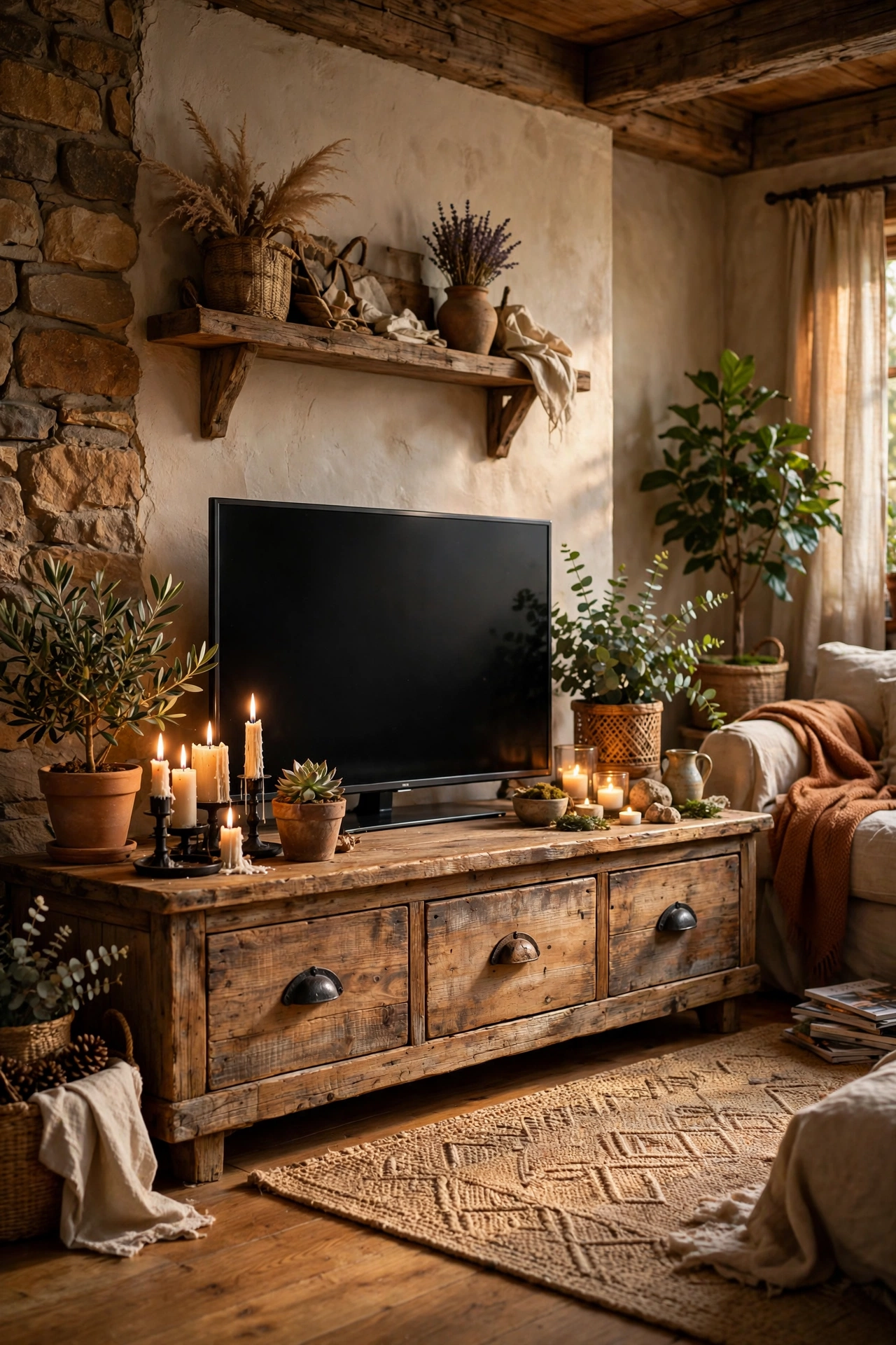 TV console with black iron cup pulls for a rustic farmhouse look