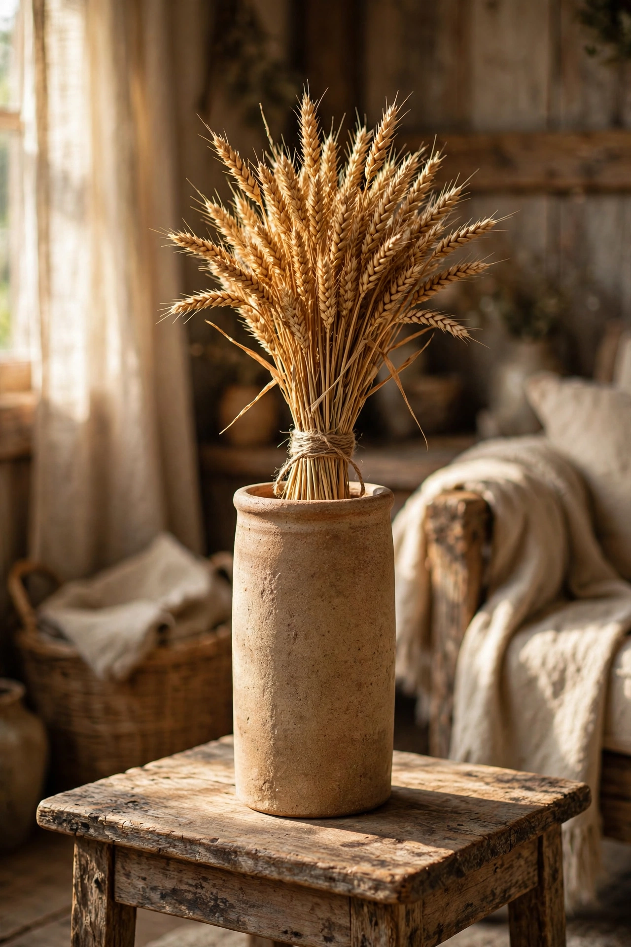 Dried wheat bundle in a tall crock vase as rustic living room decor