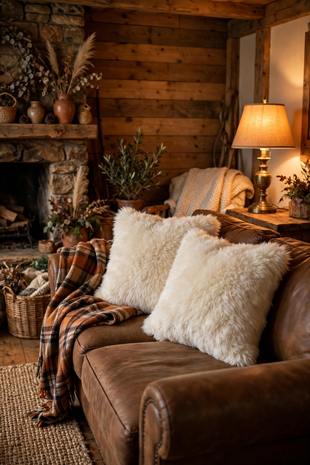 Cream faux fur throw pillows on a sofa in a rustic living room