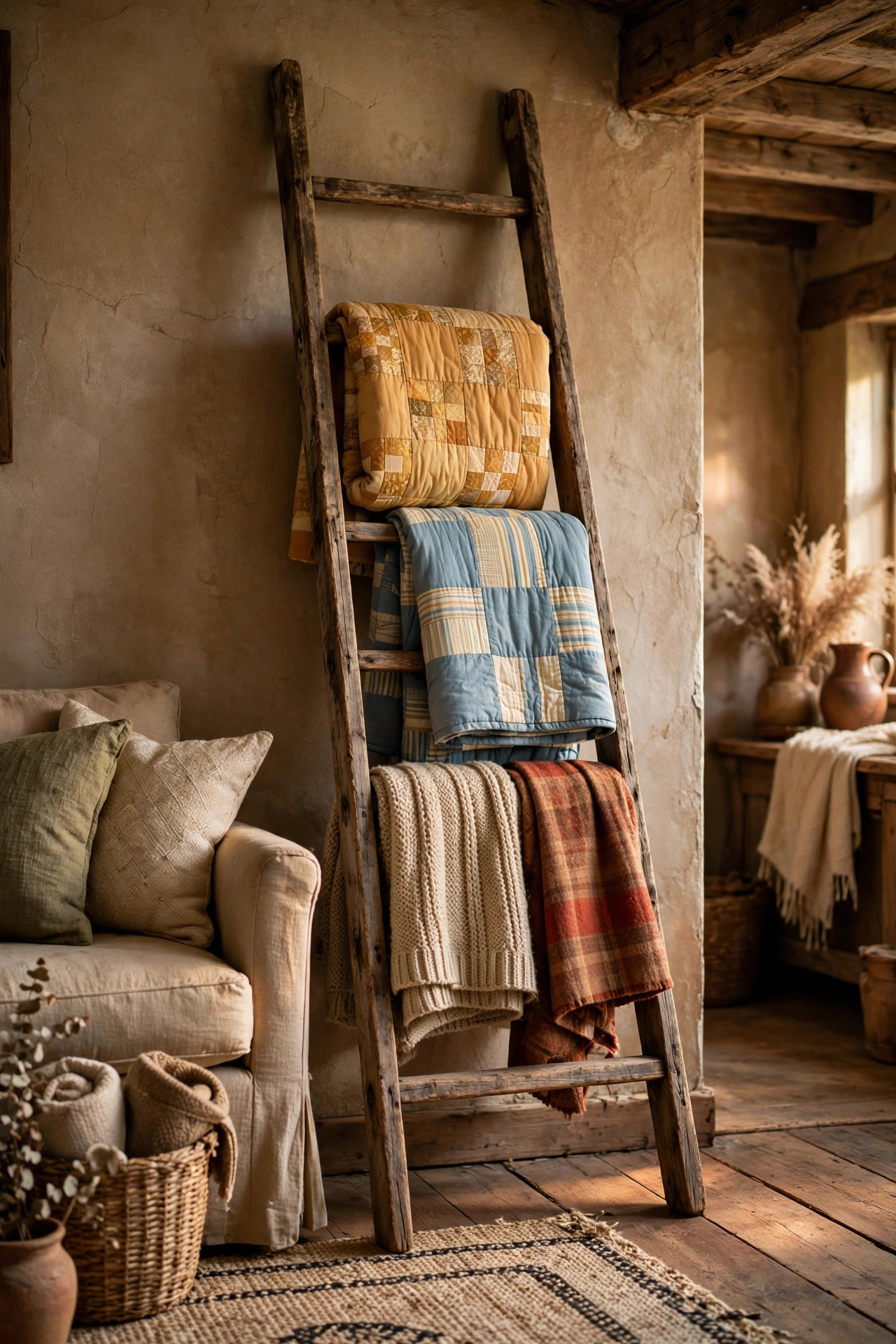 Old wooden ladder used to display quilts and throws in a rustic living room