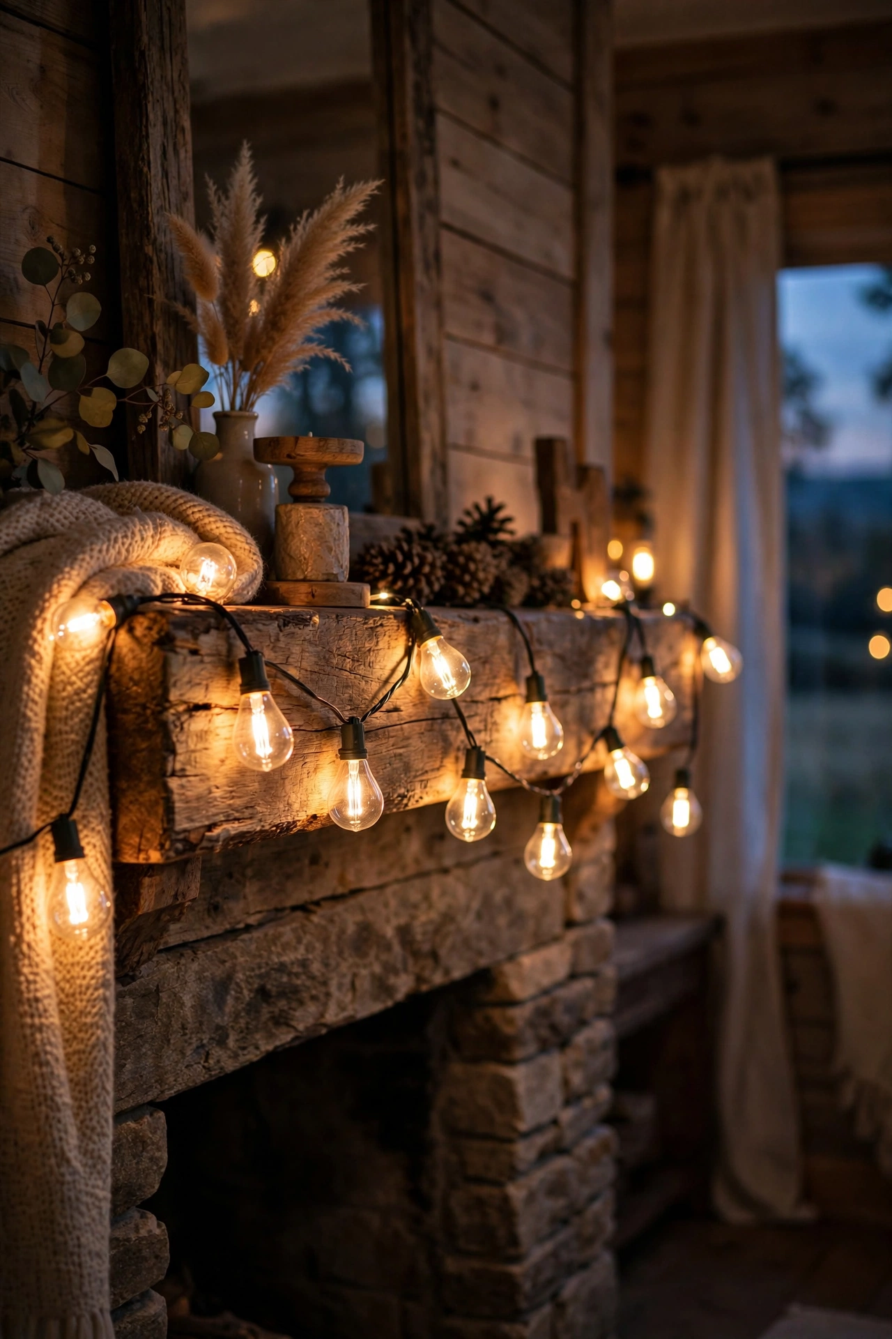Edison bulb string lights draped along a rustic mantel at dusk