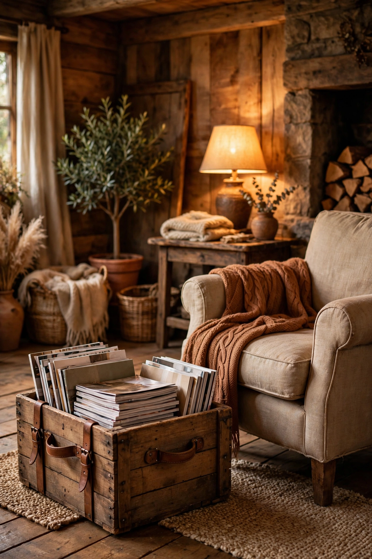 Wooden crate magazine holder with leather strap handles in a rustic reading corner