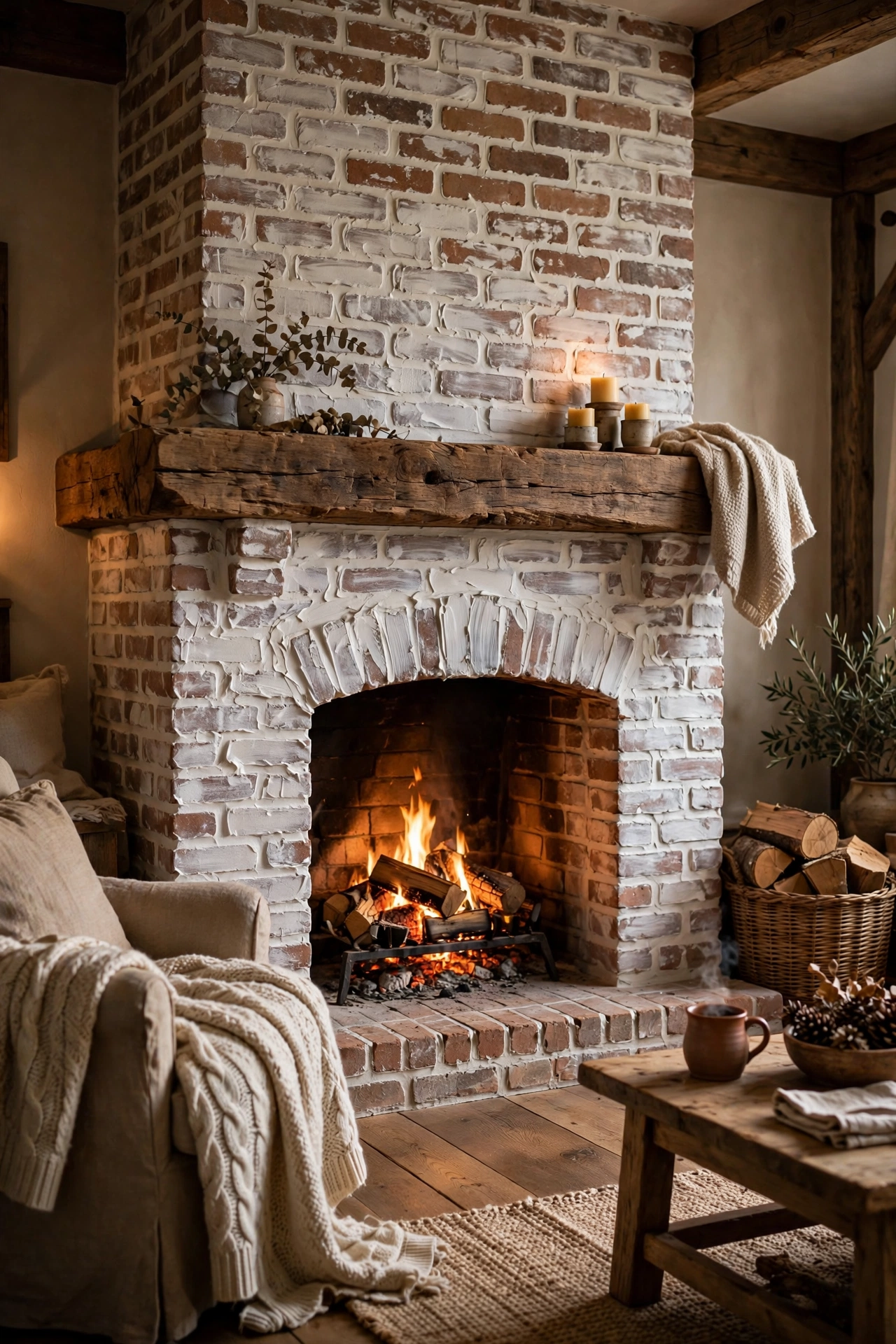 Brick fireplace with German schmear mortar treatment in a rustic living room