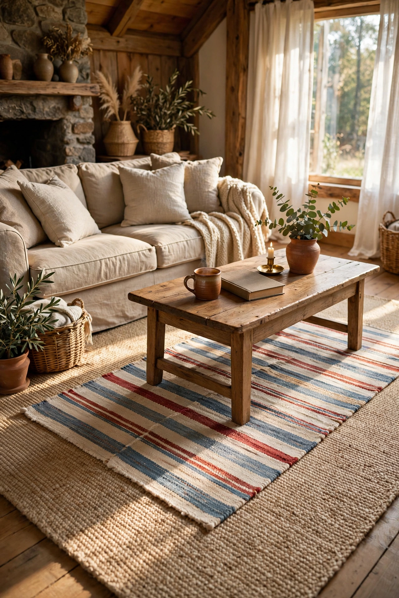 Layered rag rug over a neutral rug in a rustic living room