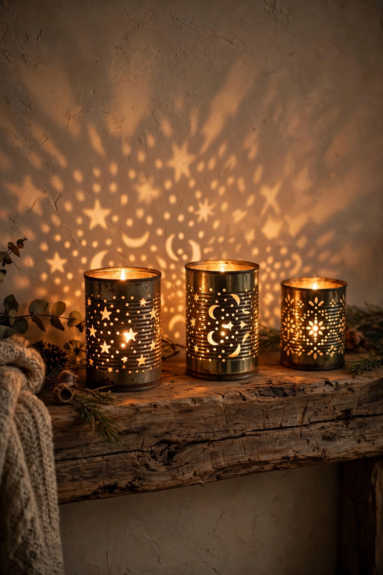 Tin can lanterns with punched patterns glowing on a rustic mantel