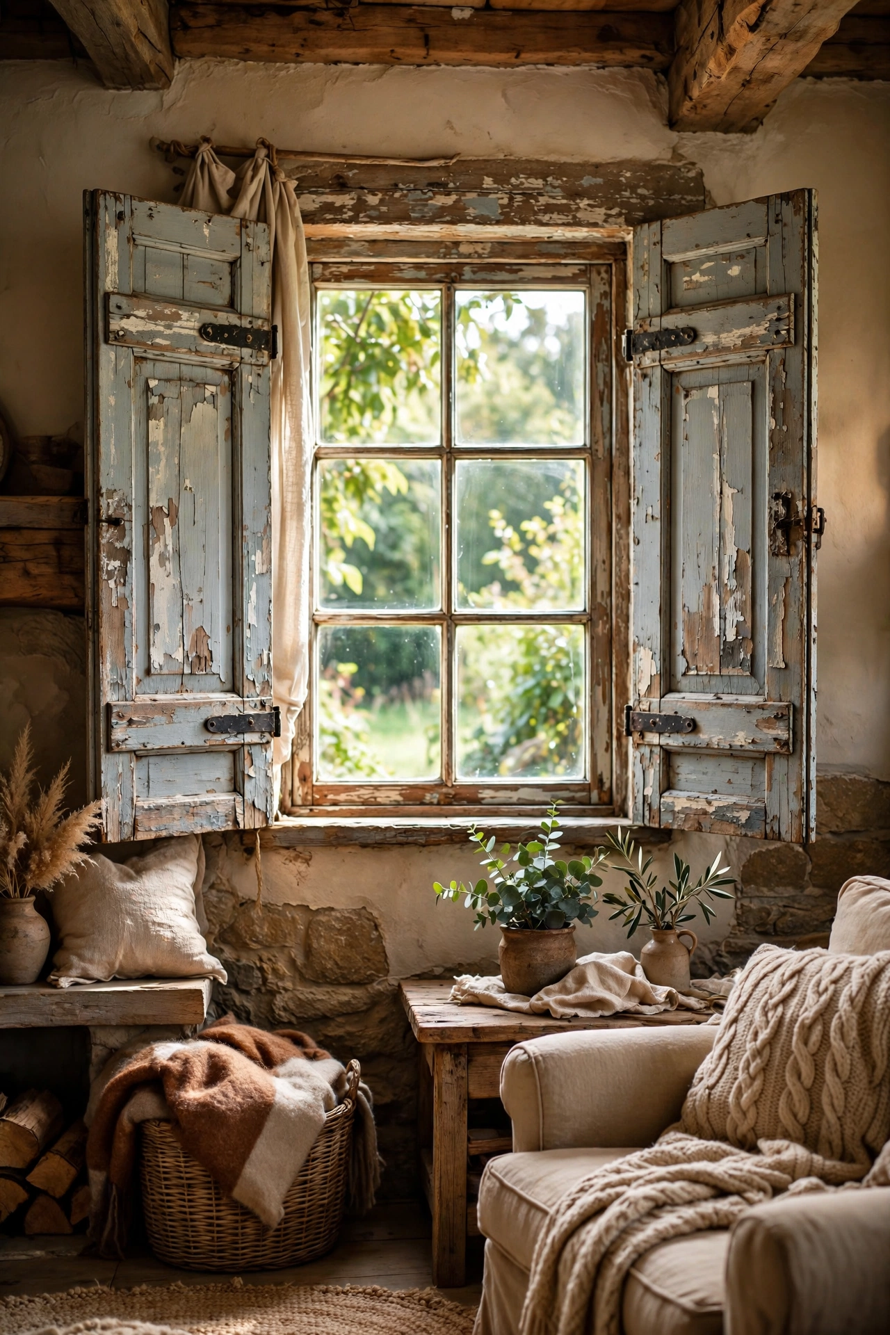 Old wooden shutters hung as decor flanking a window in a rustic living room