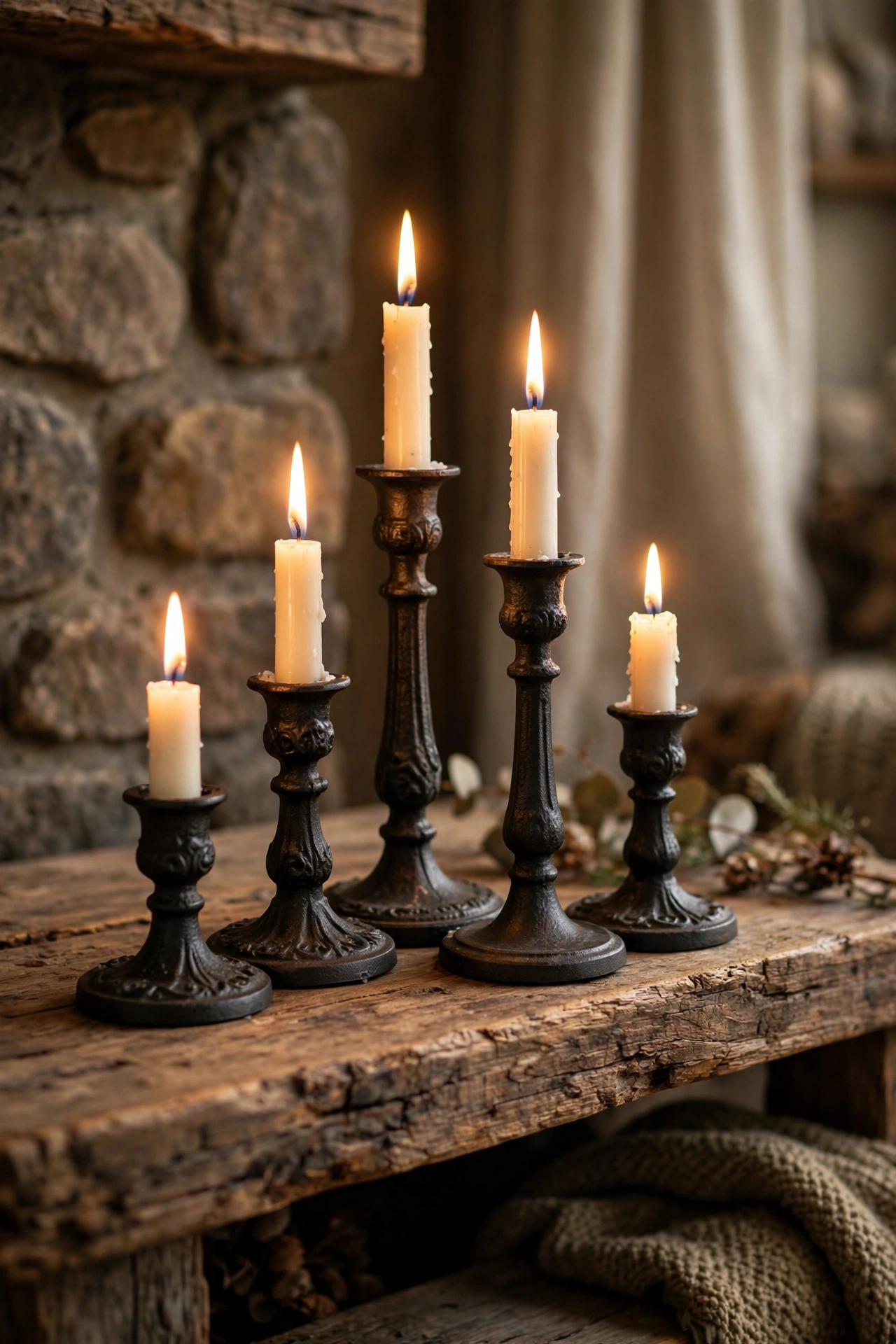 Cast iron candle holders of different heights grouped on a rustic mantel