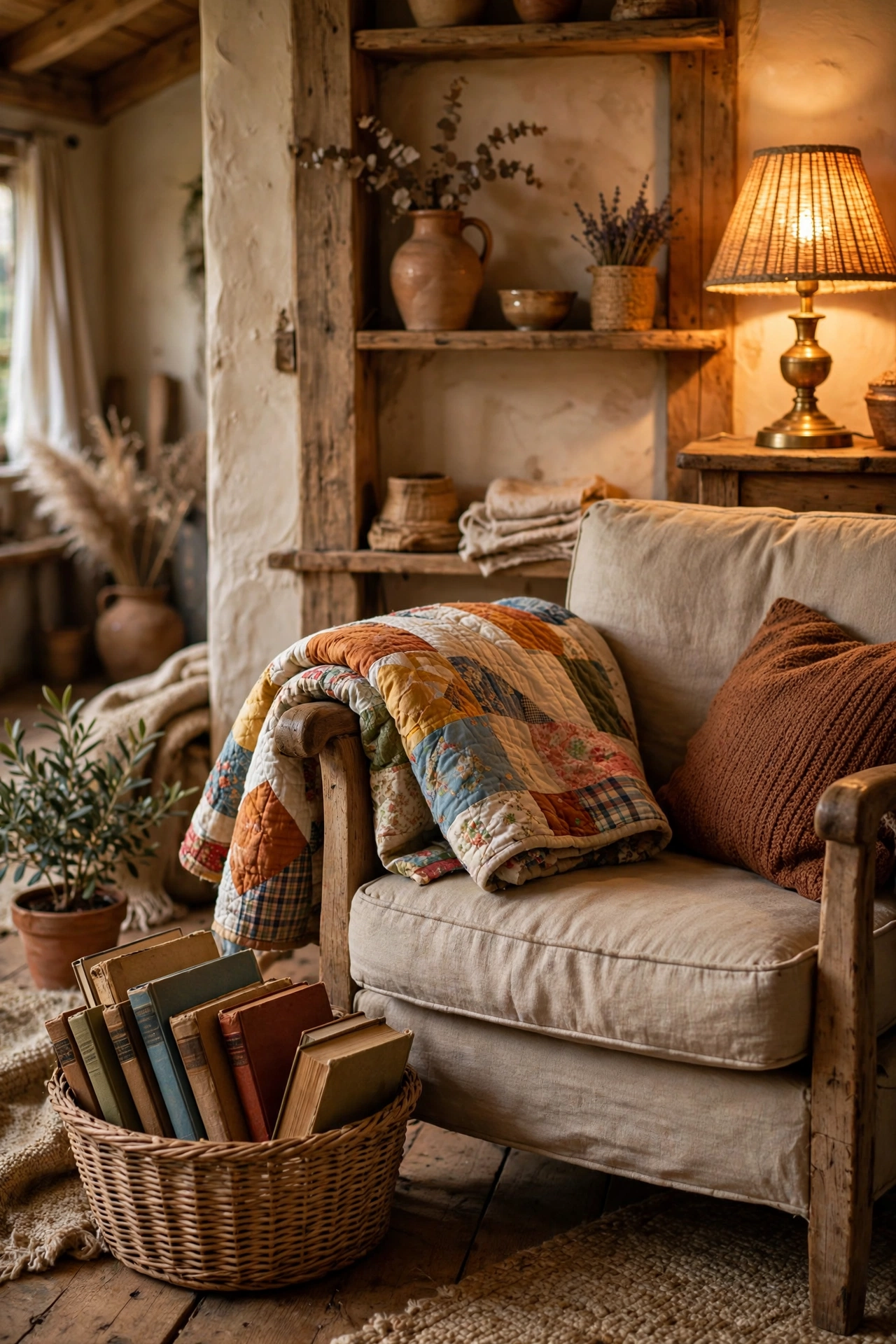 Cozy rustic reading corner with a thrifted quilt and basket of books