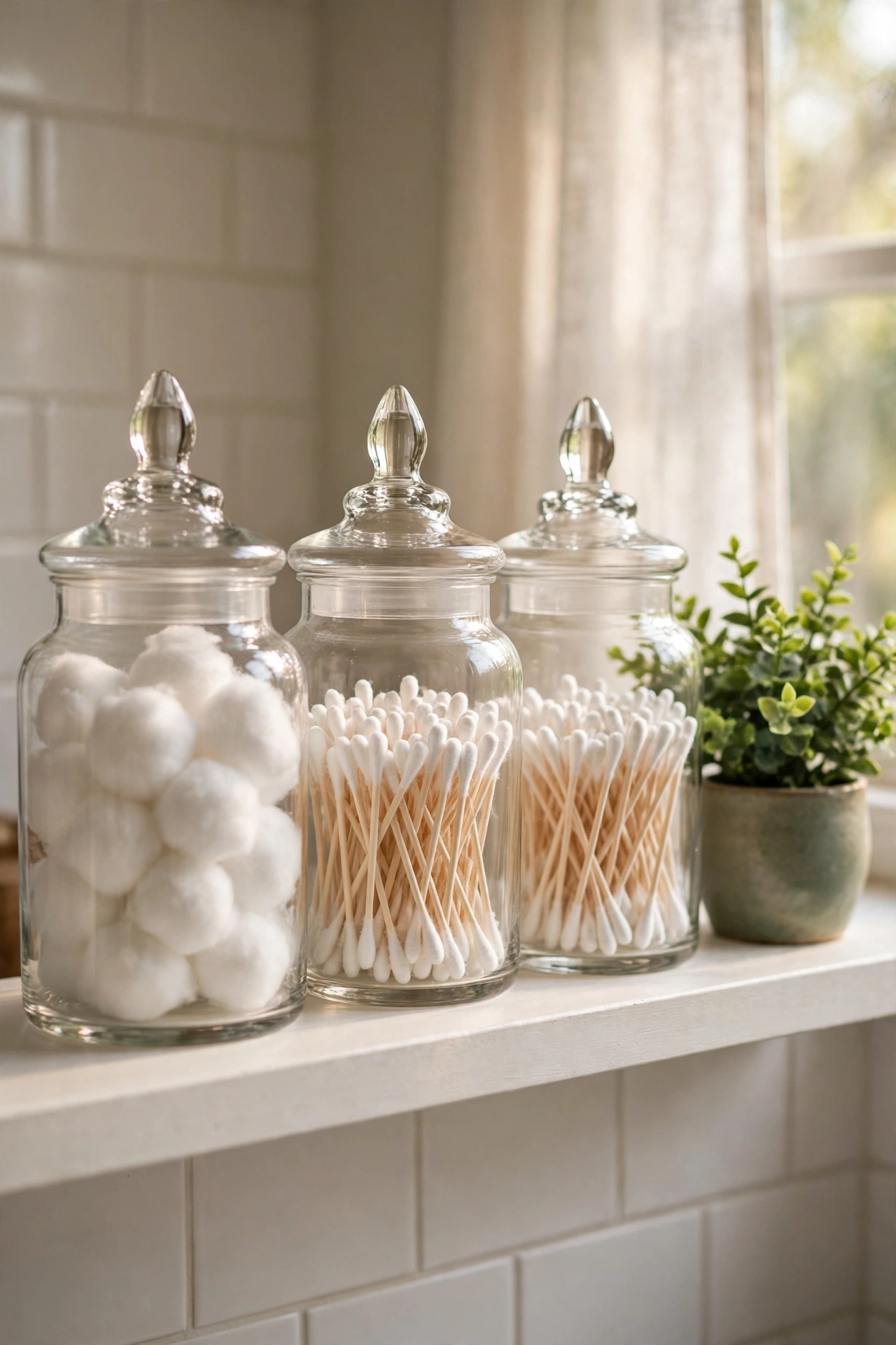 Glass apothecary jars holding cotton balls on a bathroom shelf