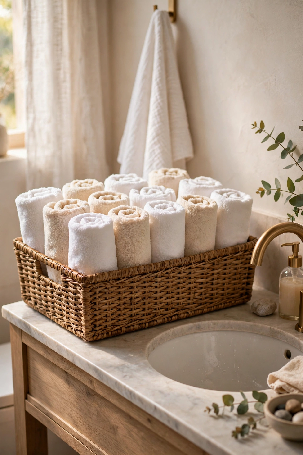 Rolled white towels standing upright in a woven bathroom basket
