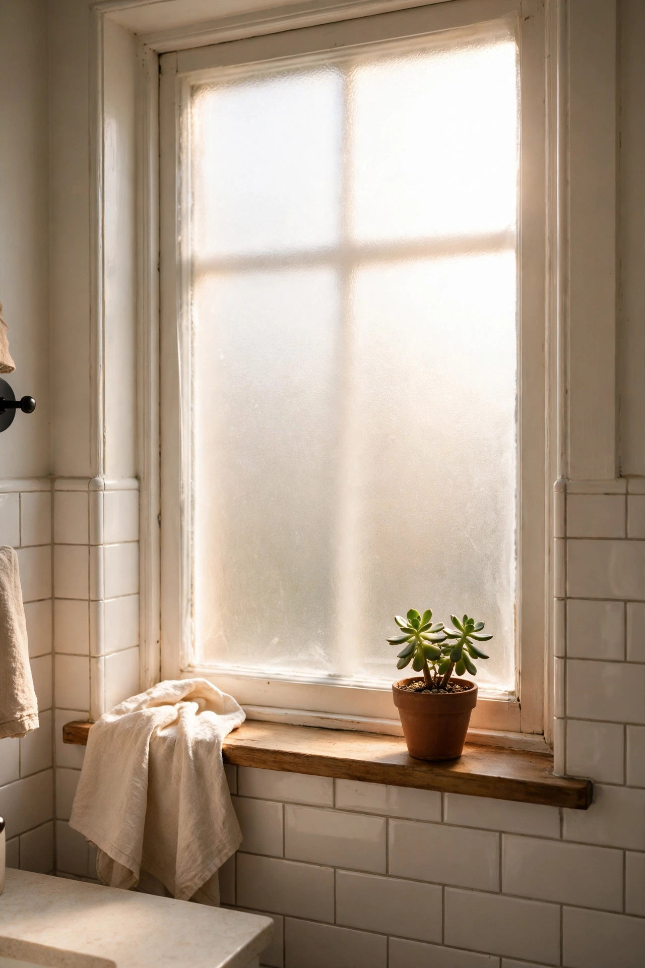 Bathroom window covered with frosted static-cling privacy film