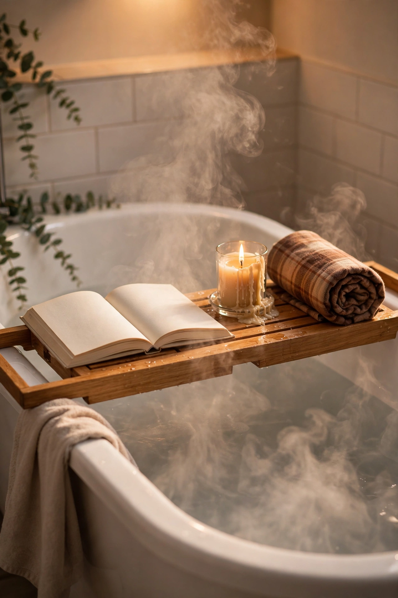 Wooden bath caddy across a bathtub with book and candle