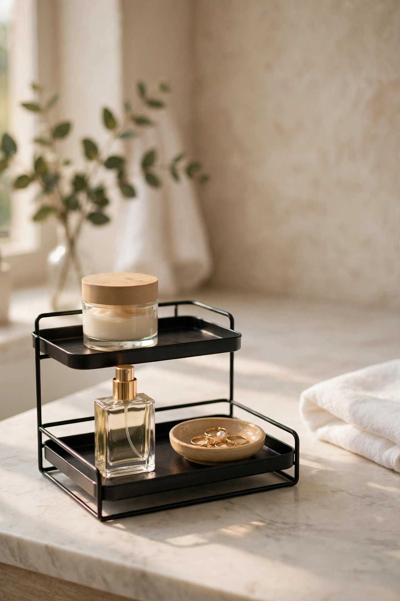 Two-tier metal tray organising skincare on a bathroom vanity