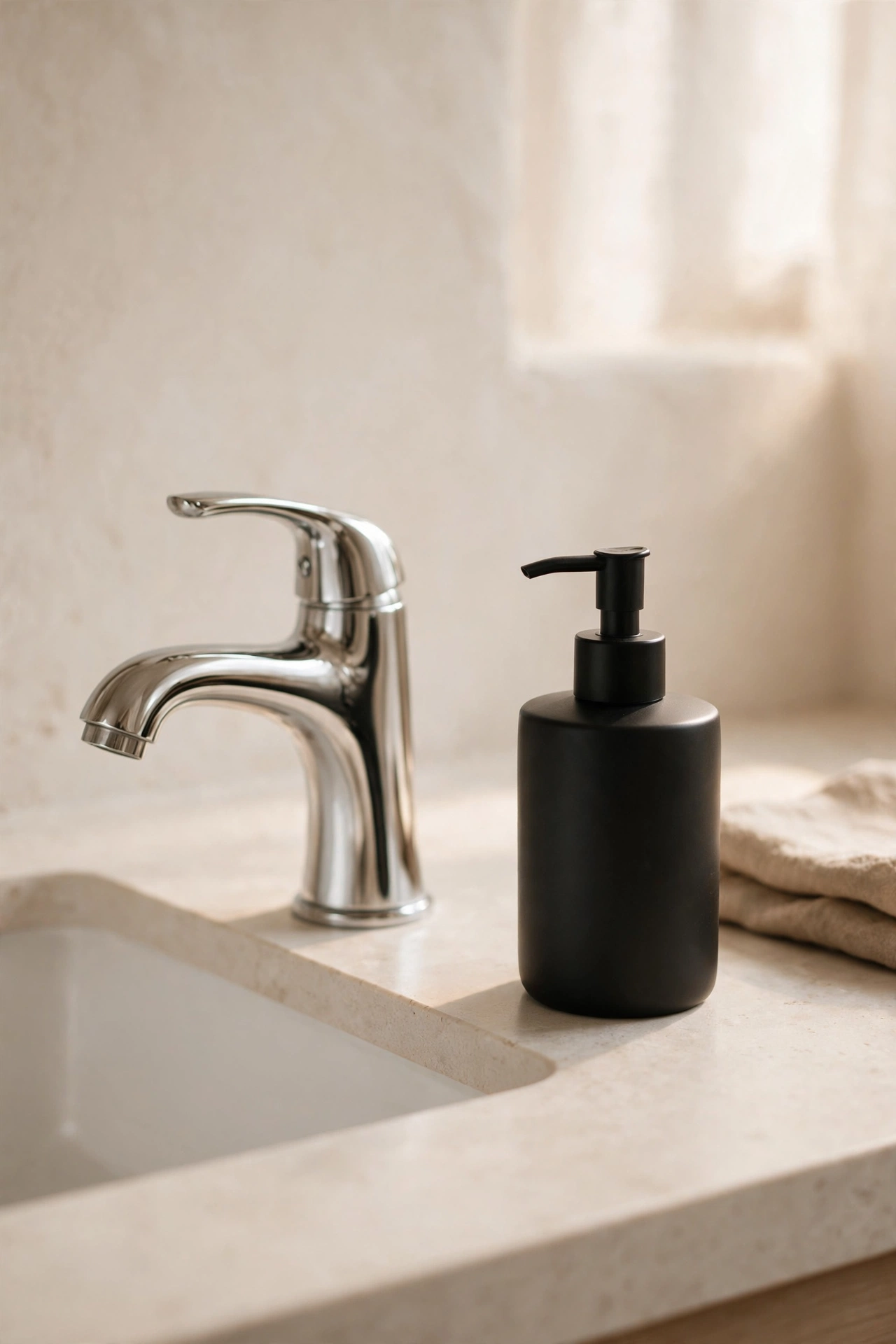 Matte black spray-painted soap dispenser beside a bathroom sink
