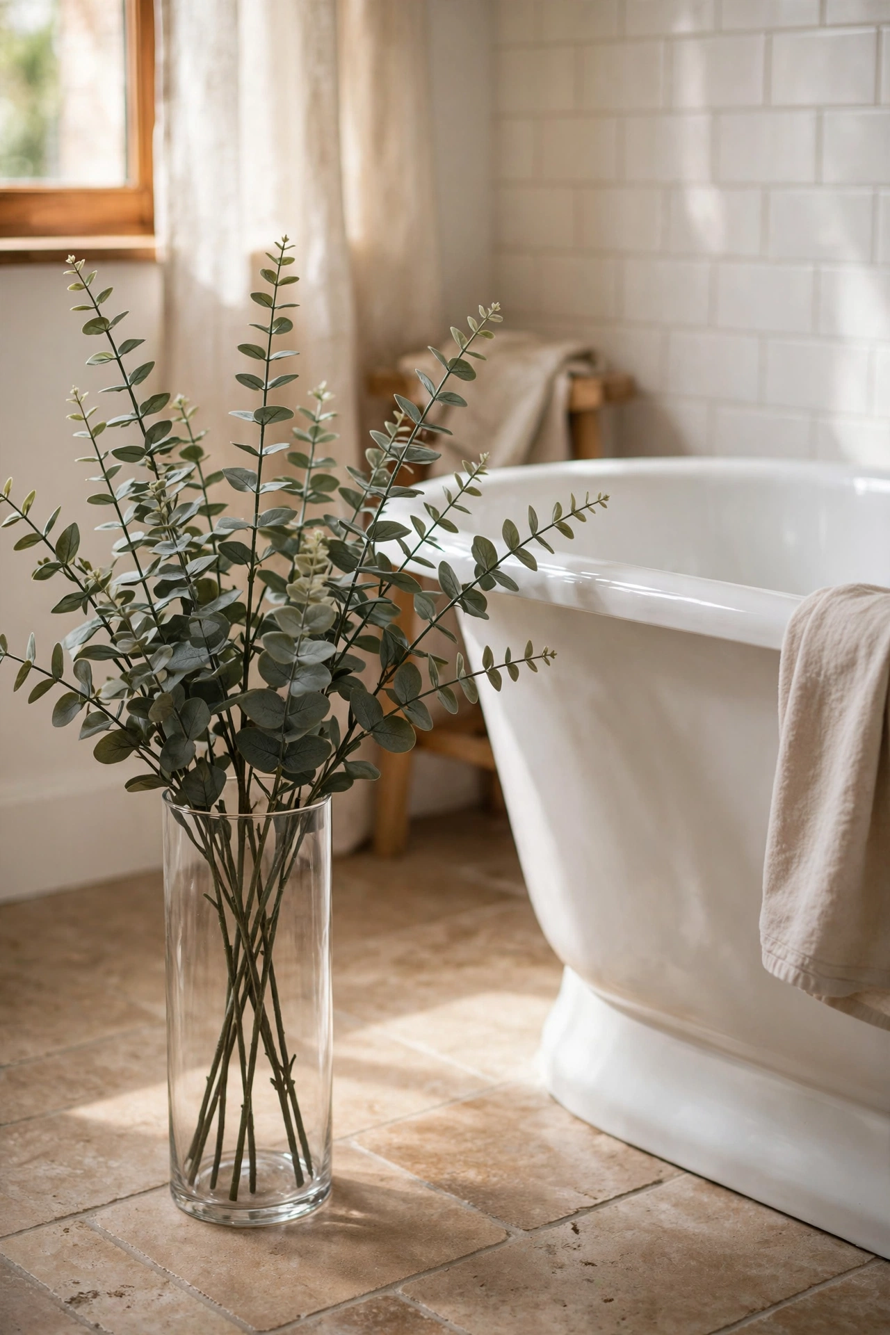 Faux eucalyptus stems in a tall glass vase in a bathroom