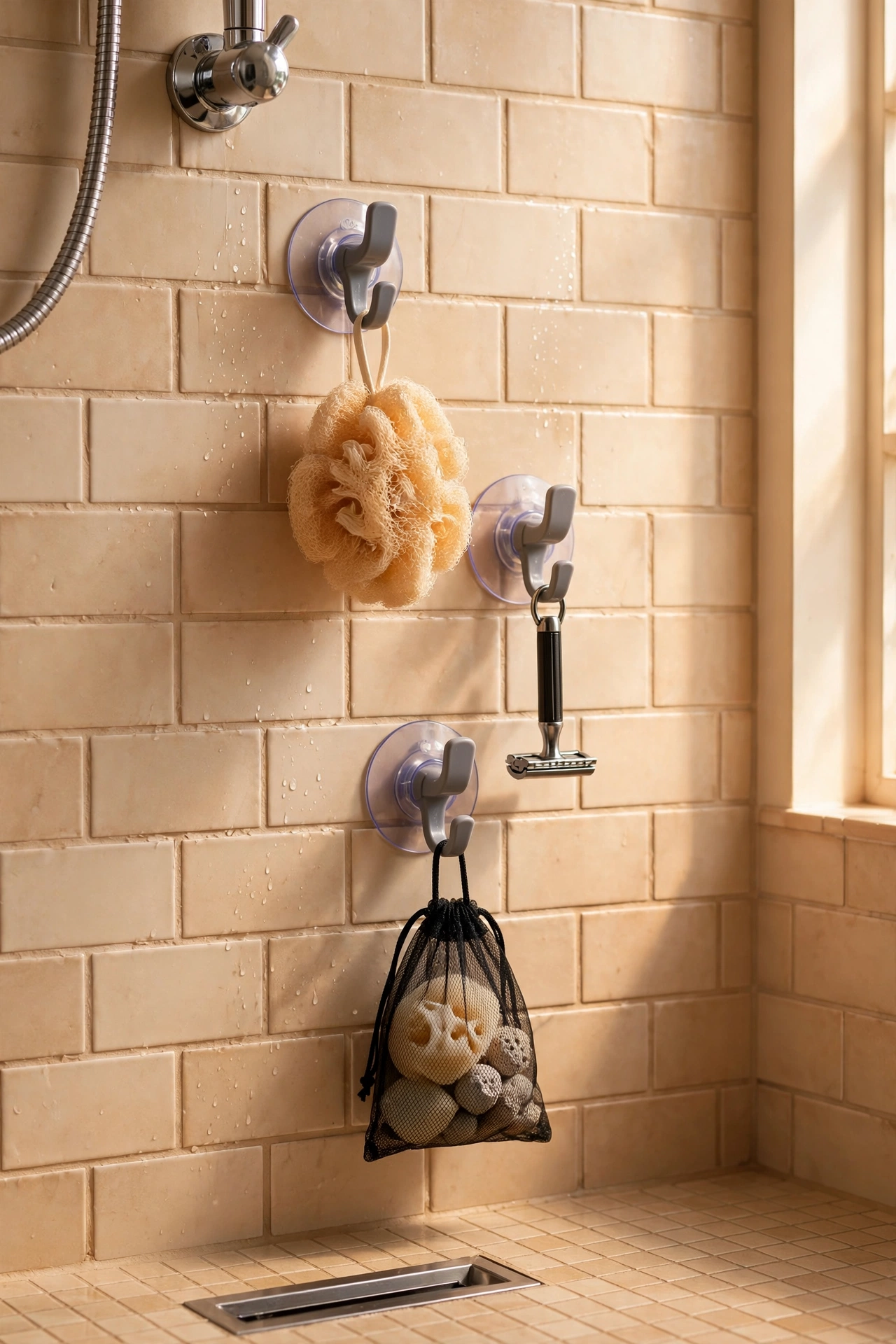 Suction hooks holding loofah and razor on a shower wall