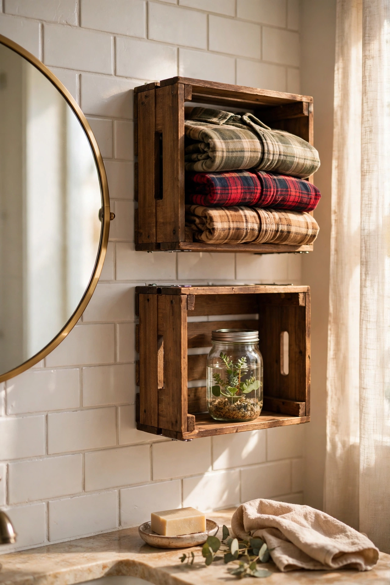 Two stained wooden crates as wall shelves beside a bathroom mirror