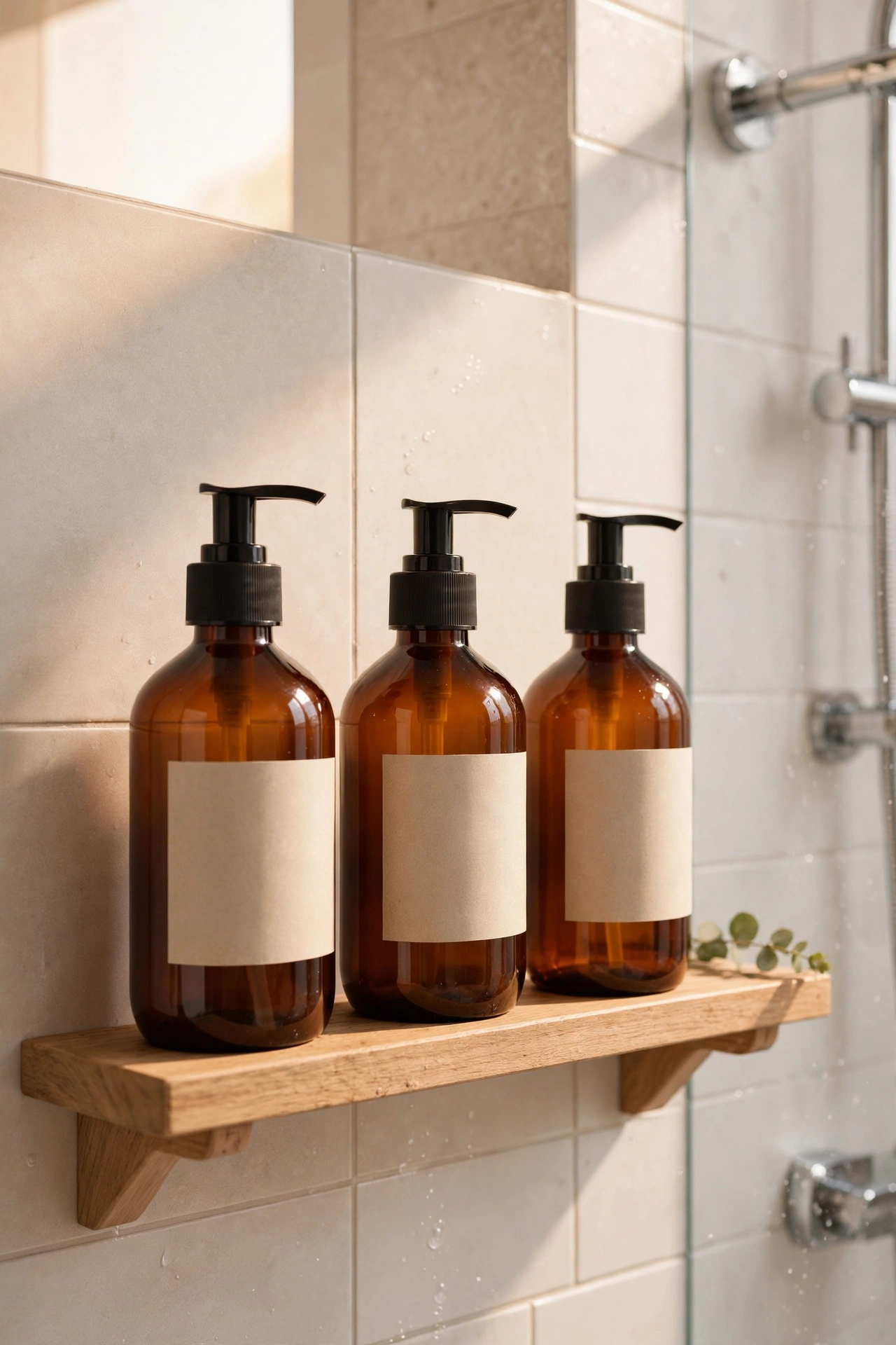 Three matching amber pump bottles labelled for shower products