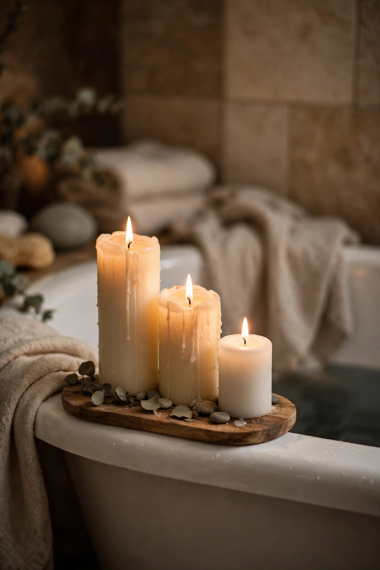 Cluster of three candles at different heights by a bathtub