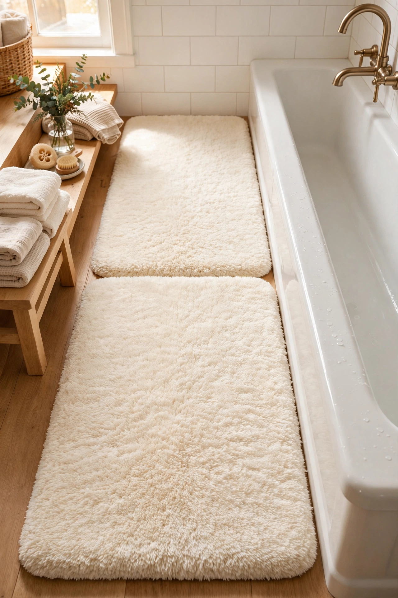Two identical bath mats laid end to end as a bathroom runner