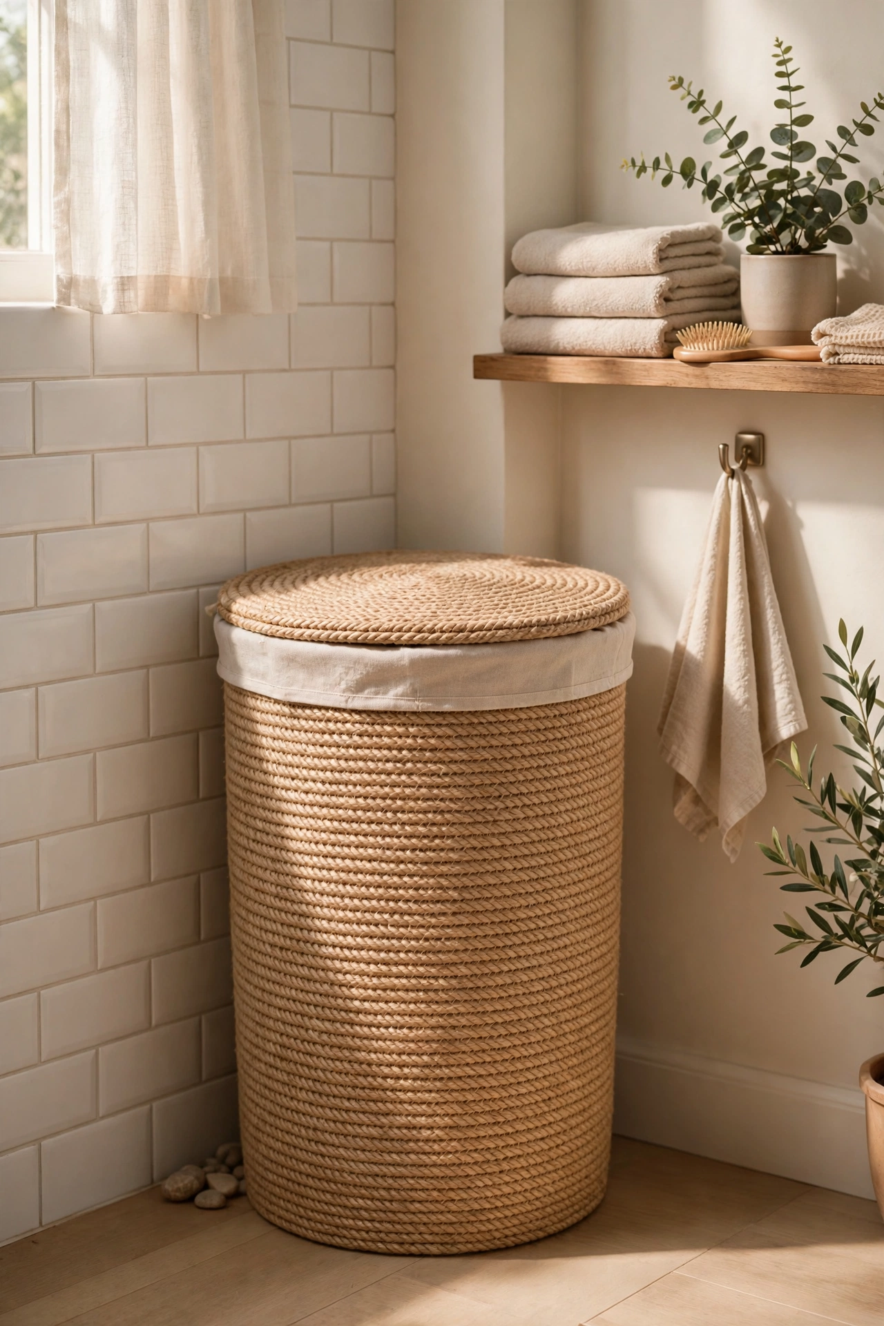Lined rope-look laundry hamper in a bathroom corner