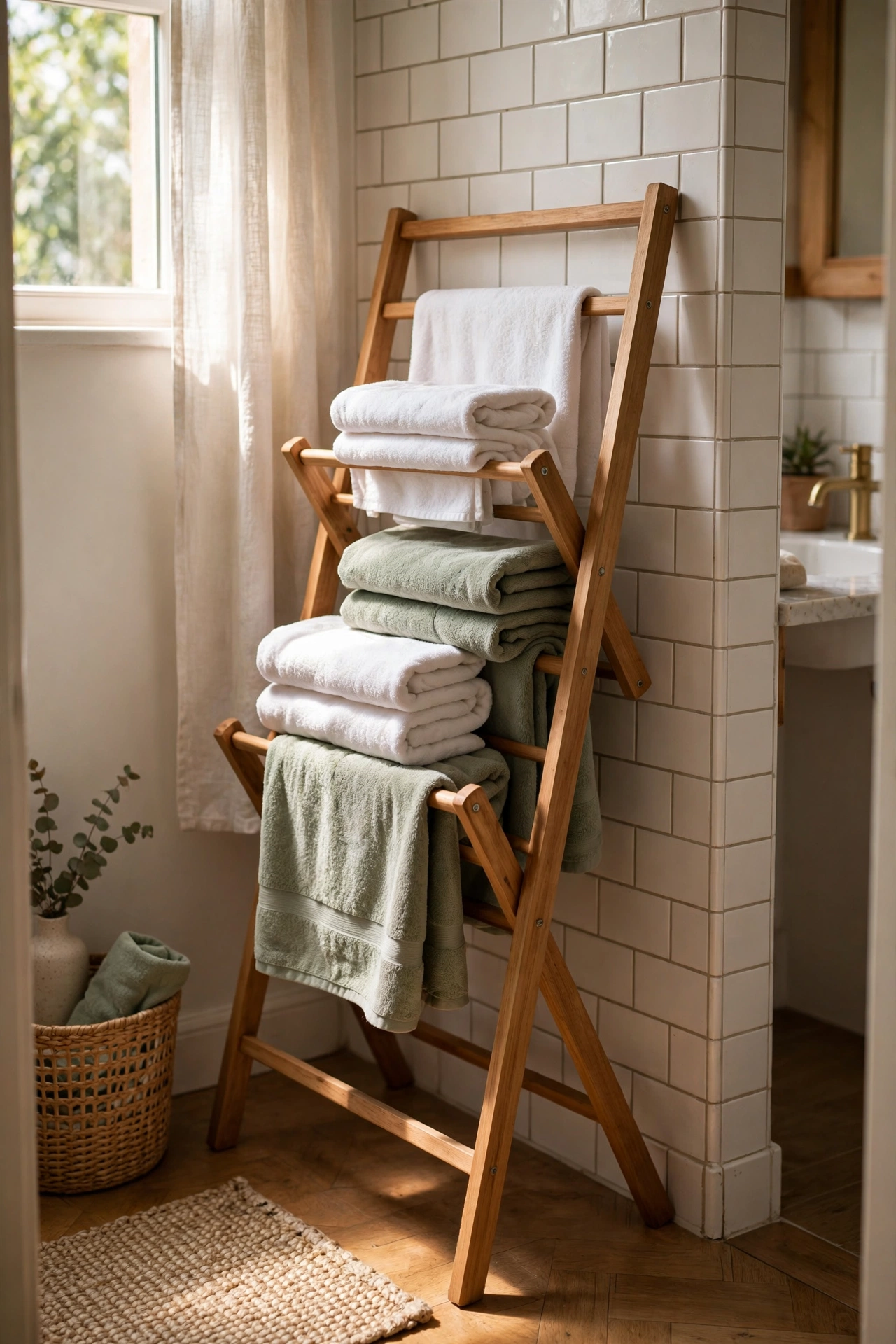 Folding wooden drying rack used as a towel ladder in a bathroom