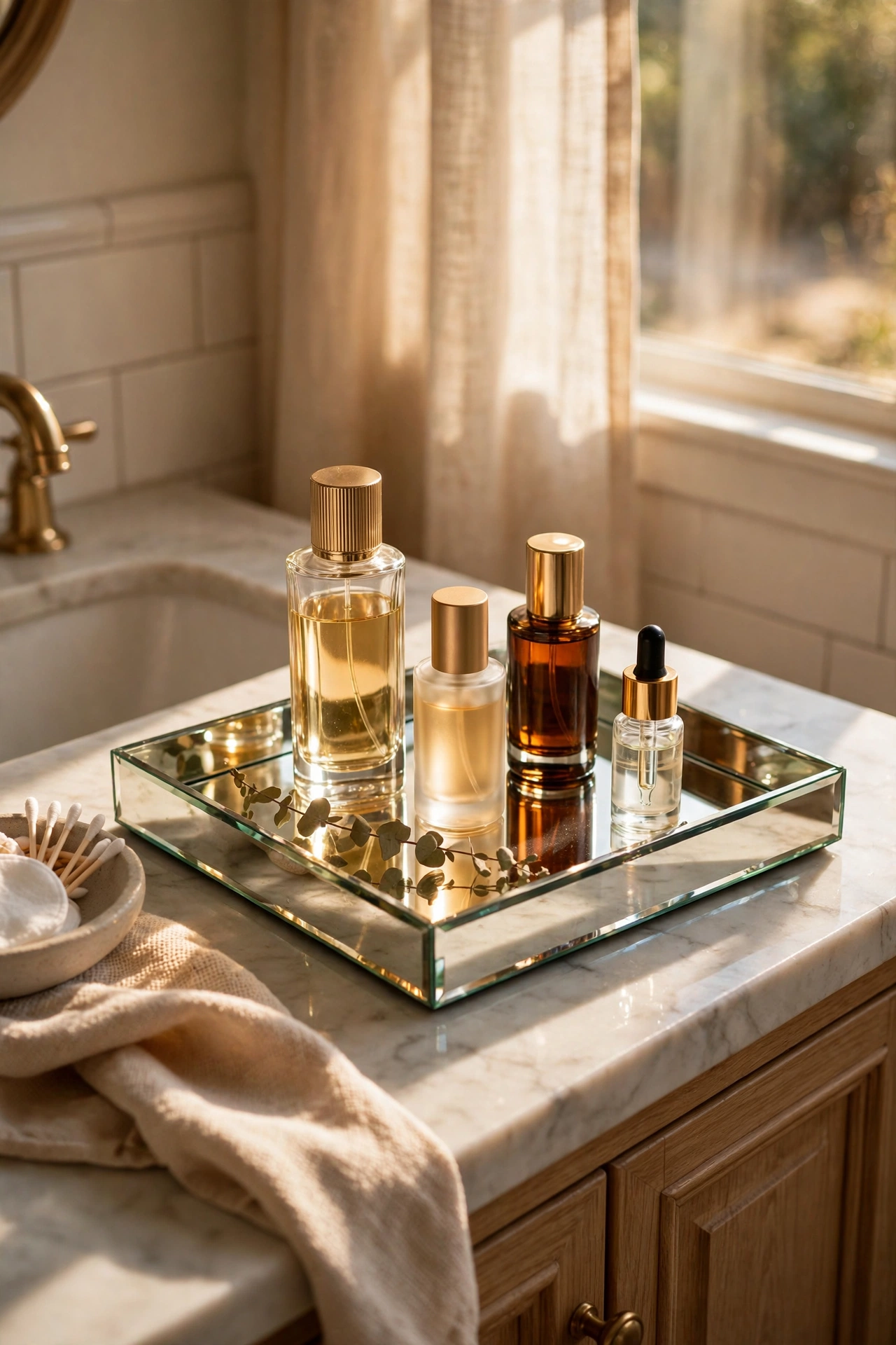 Mirrored tray with perfume bottles on a bathroom vanity