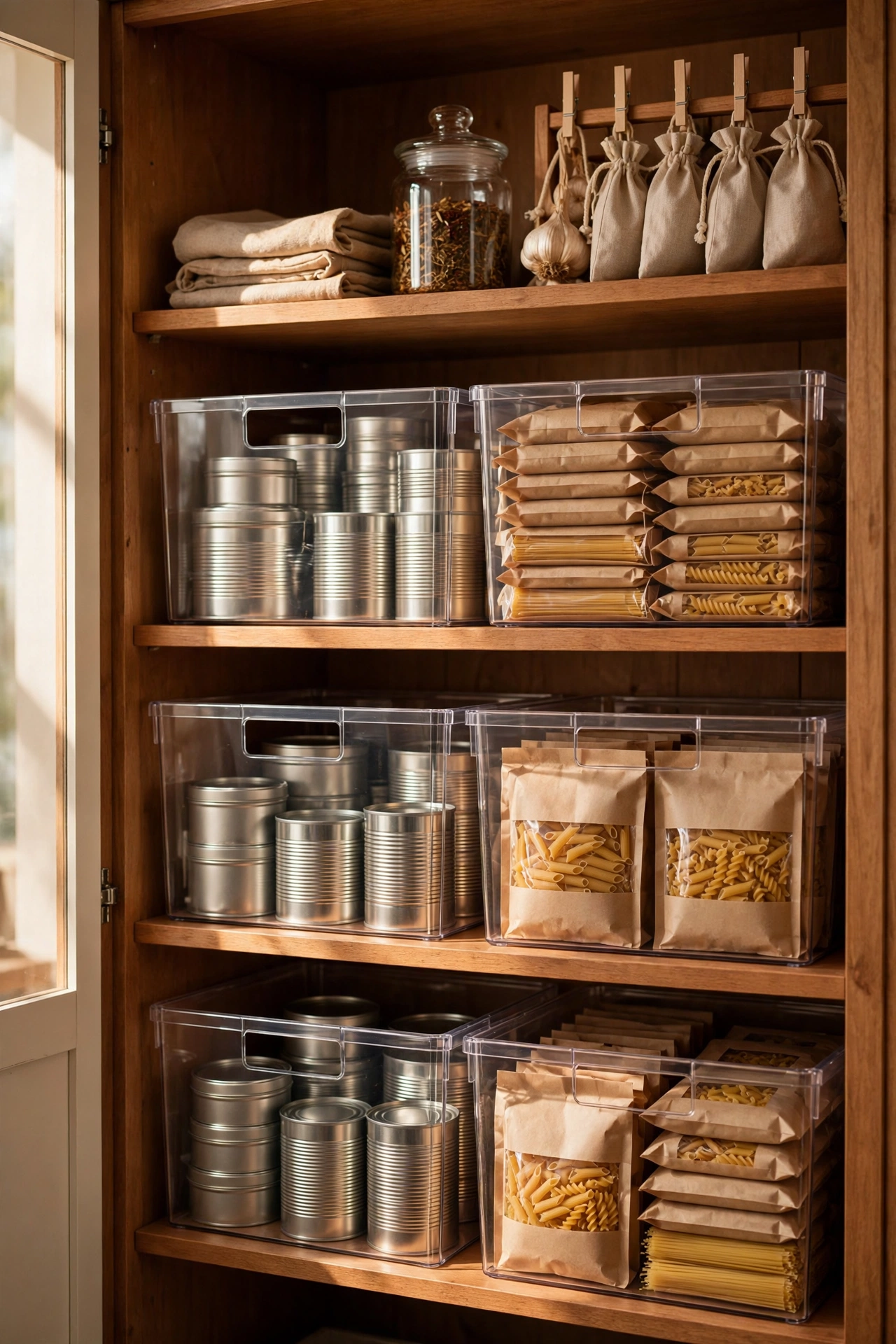 Stackable clear storage bins with pantry tins stacked inside a deep kitchen cupboard, dollar store storage hack