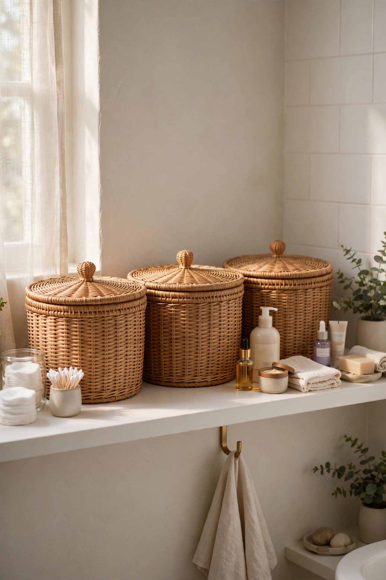 Lidded woven-look baskets with toiletries on bathroom shelf, dollar store storage hack