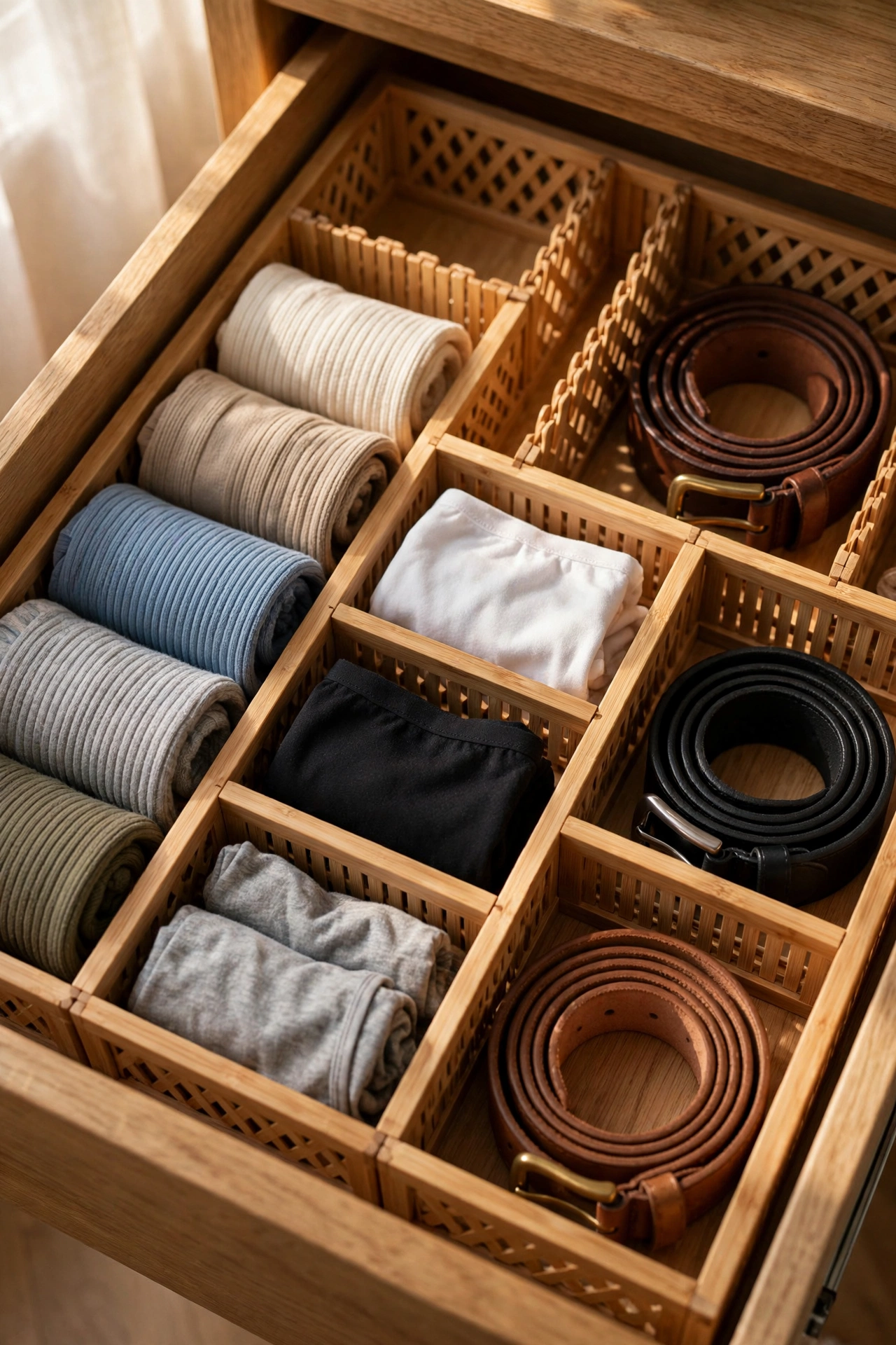 Expandable bamboo-look drawer dividers organising socks and belts in a dresser drawer, dollar store storage hack