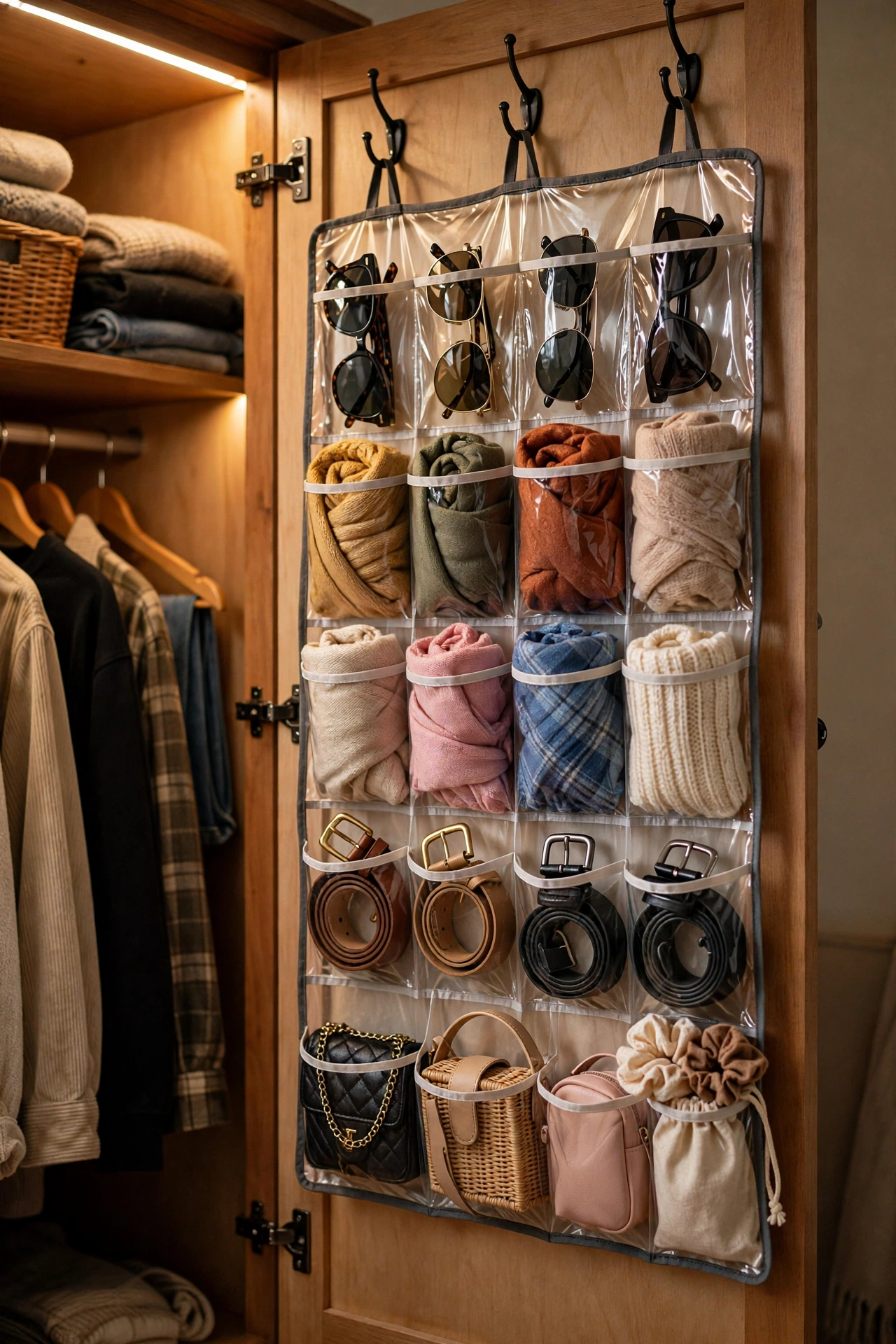 Clear-pocket over-door shoe organiser repurposed for scarves, belts and accessories inside a wardrobe, dollar store storage hack