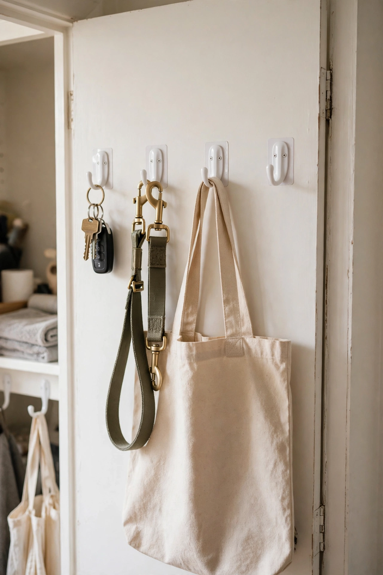 Adhesive command-style hooks holding keys and dog lead inside a hallway cupboard, dollar store storage hack