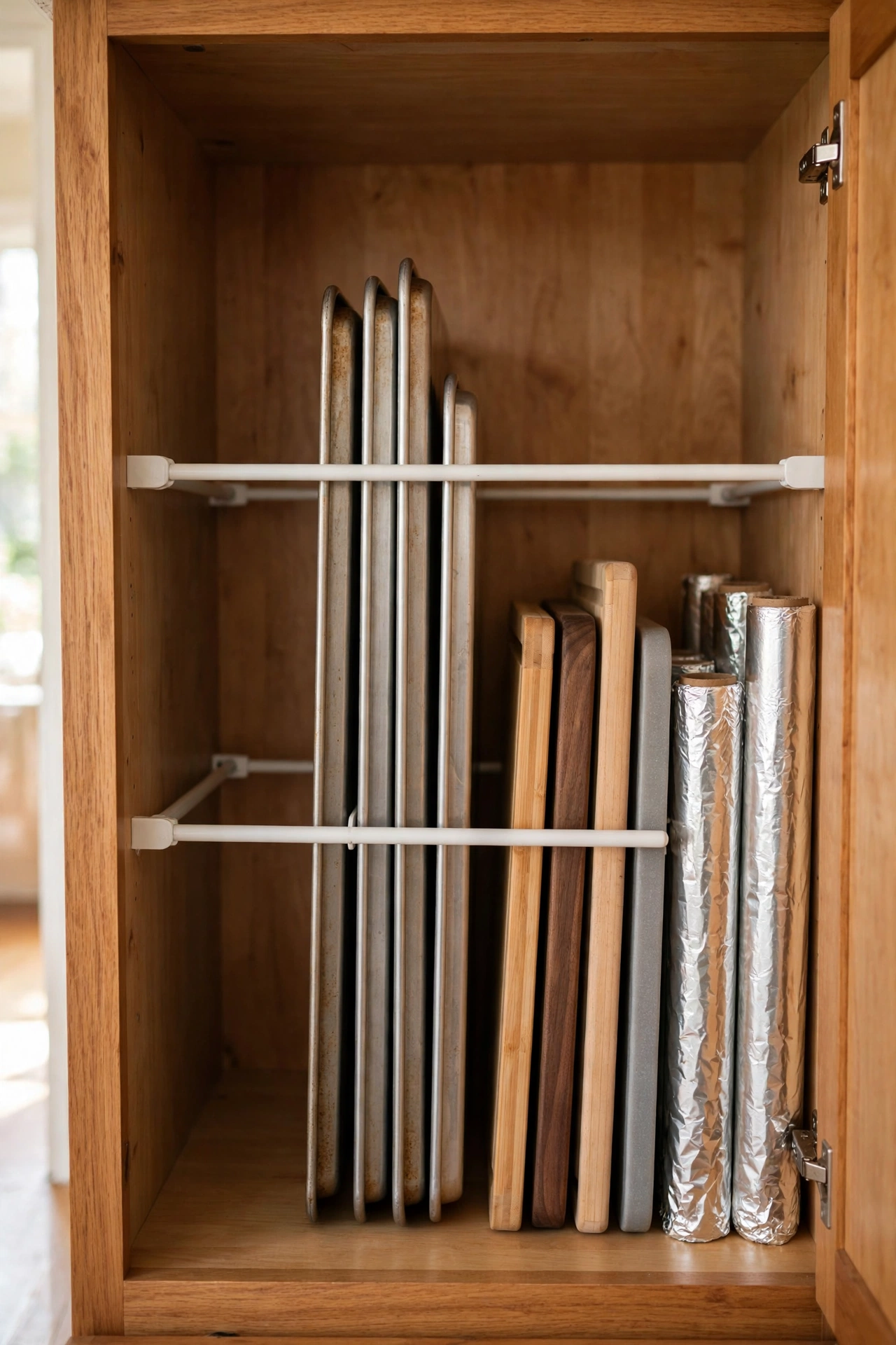 Tension rods dividing baking trays and chopping boards upright in a kitchen cupboard, dollar store storage hack