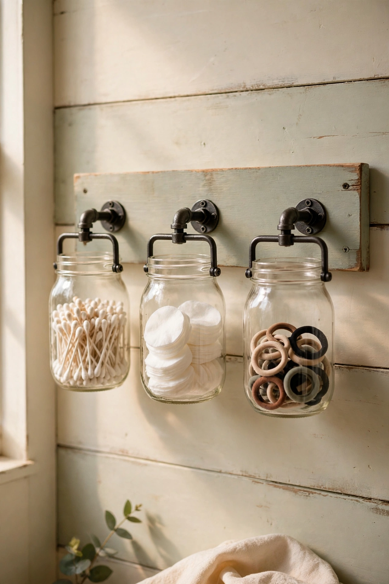 Mason jars mounted on a painted wooden board holding cotton buds and cotton pads in a small bathroom, dollar store storage hack